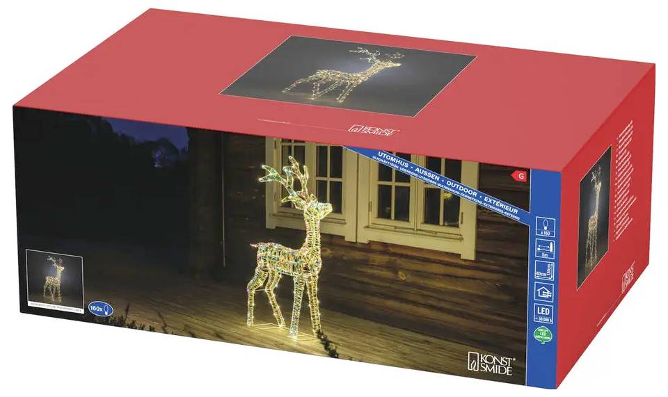 Red Konstsmide outdoor light box packaging showing a lit wire-frame reindeer decoration on a porch at night.