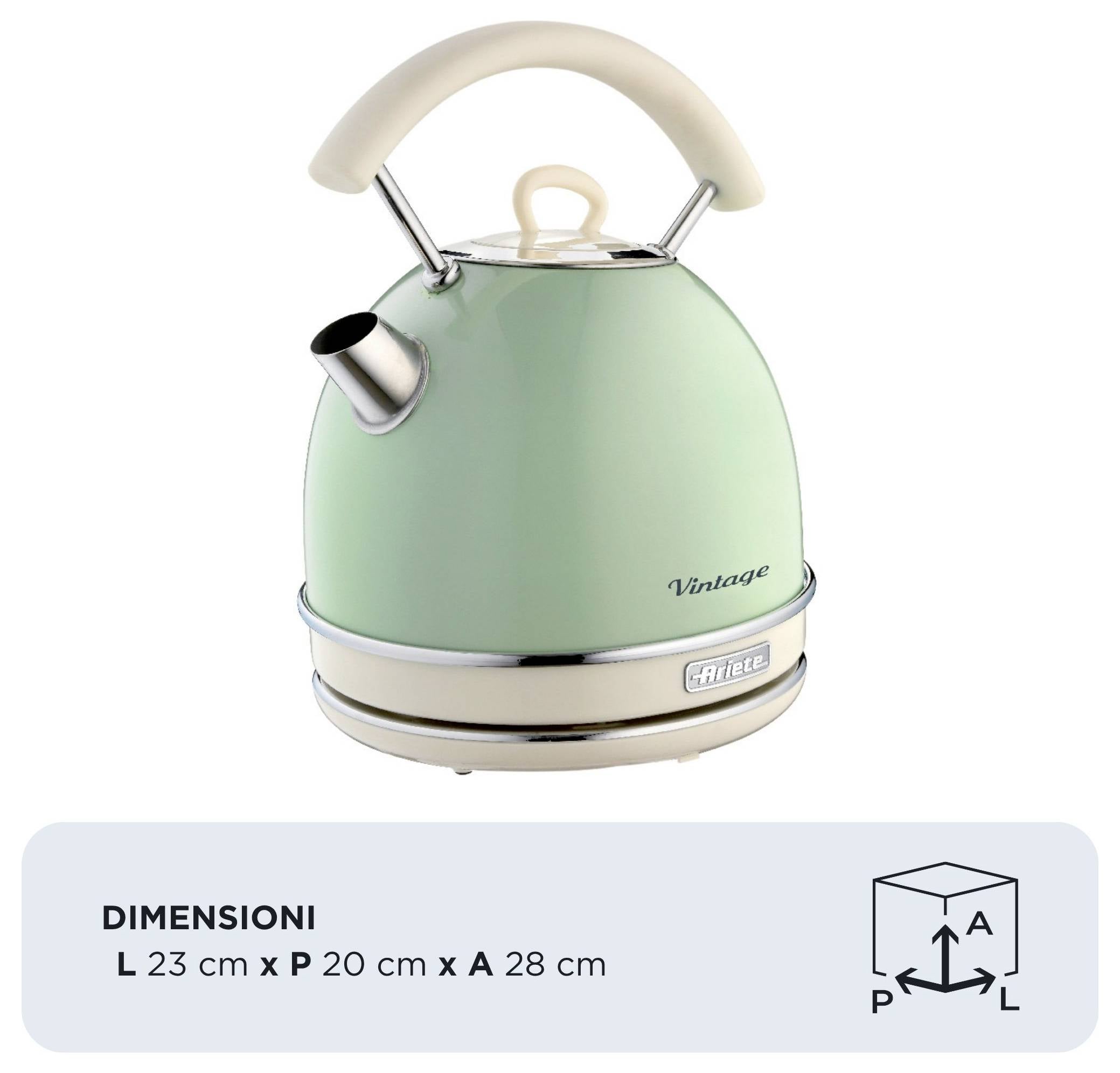 Mint-green vintage electric kettle with cream handle and base; dimensions shown as L 23 cm x P 20 cm x A 28 cm.