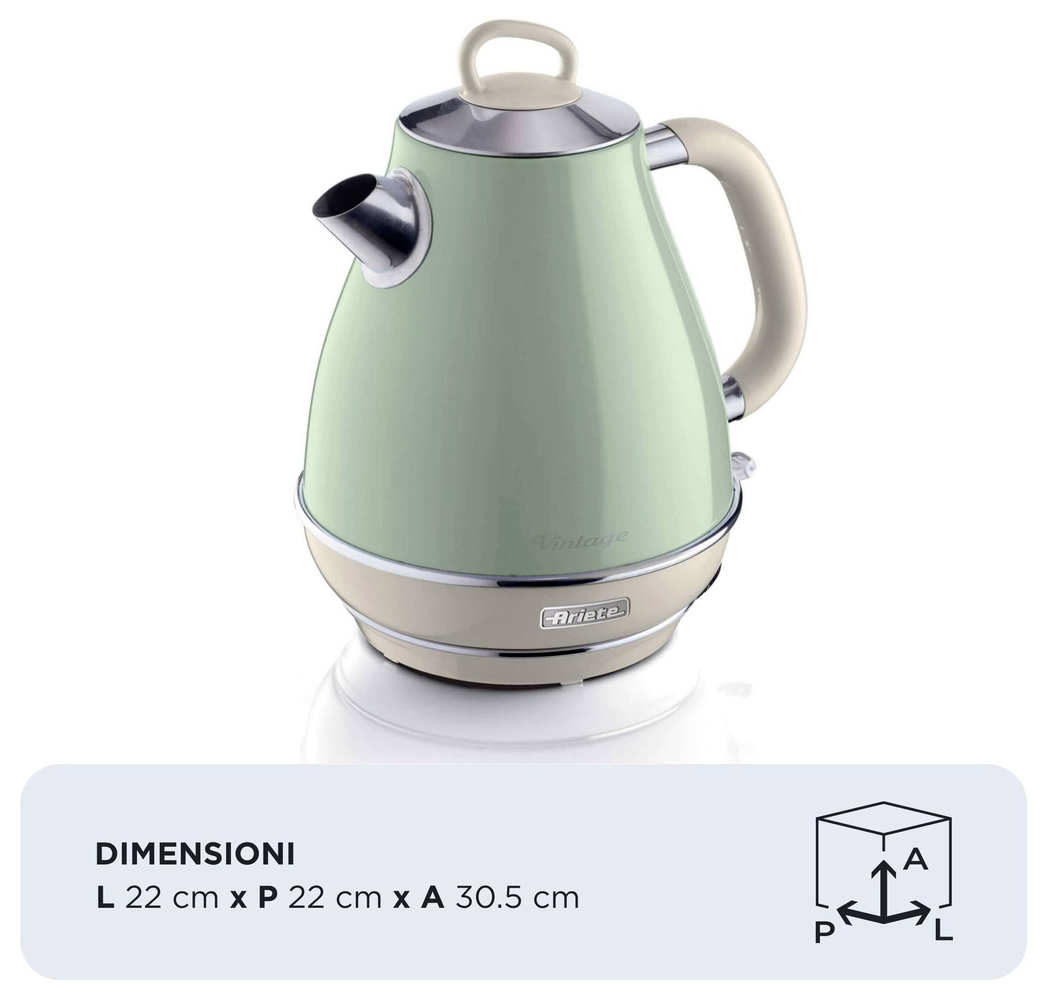 Mint green electric kettle with beige handle and trim; label below shows dimensions L 22 cm x P 22 cm x A 30.5 cm.