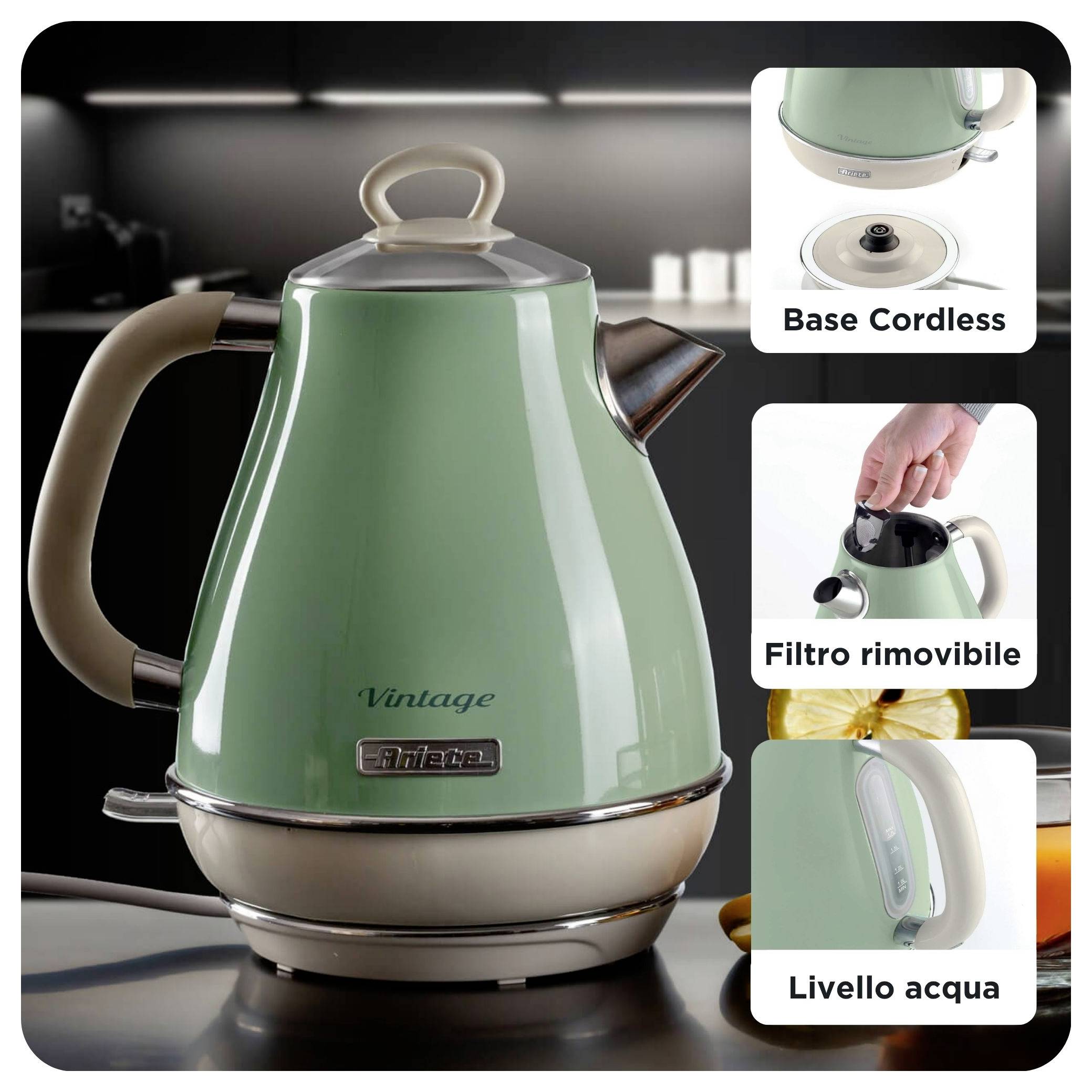 Vintage green electric kettle with beige handle and spout, plus callouts for 'Base Cordless', removable filter, and water level window.<br>