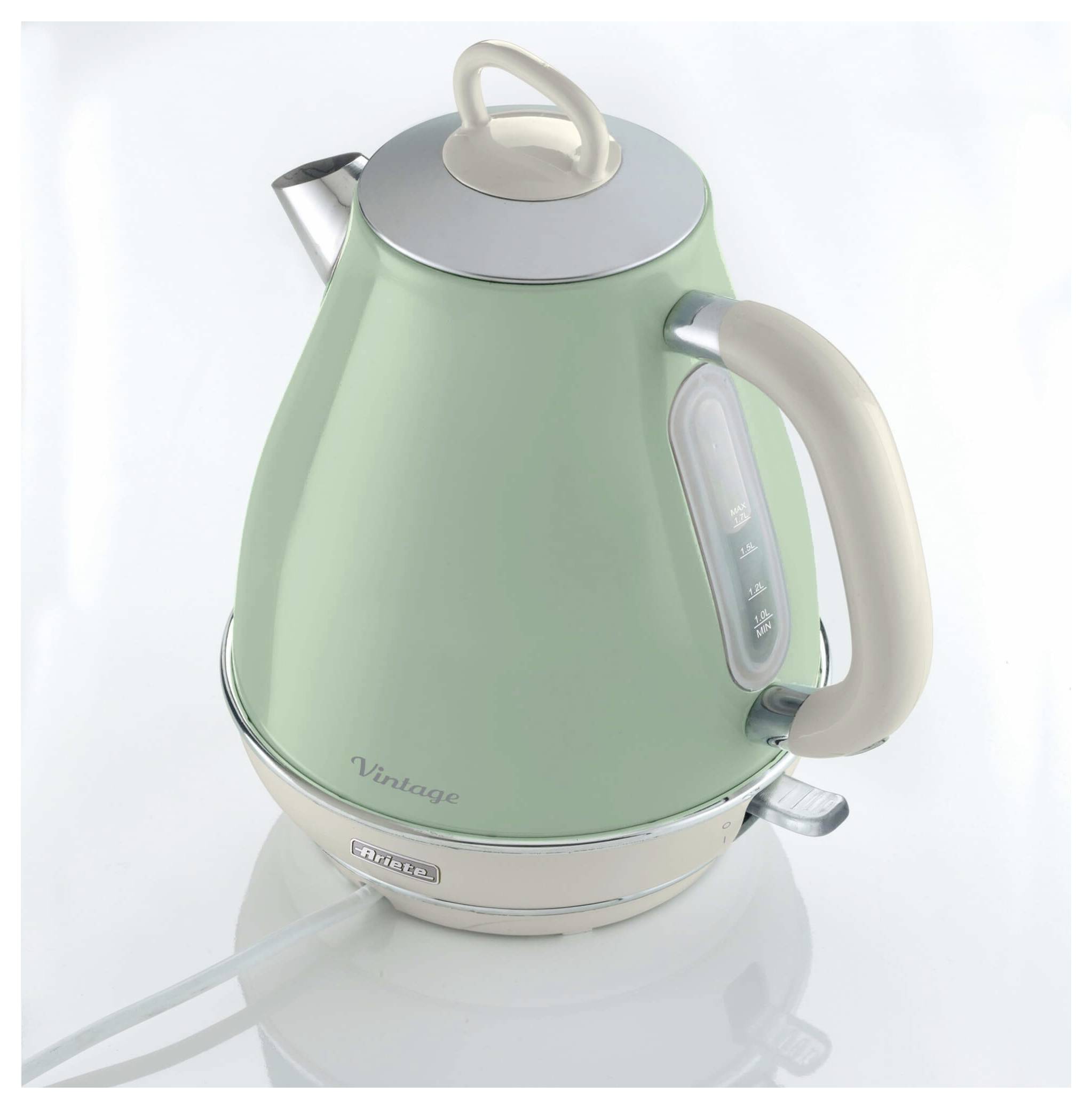 Mint-green vintage-style electric kettle with beige handle and lid, shown on a white background with power cord visible.<br>