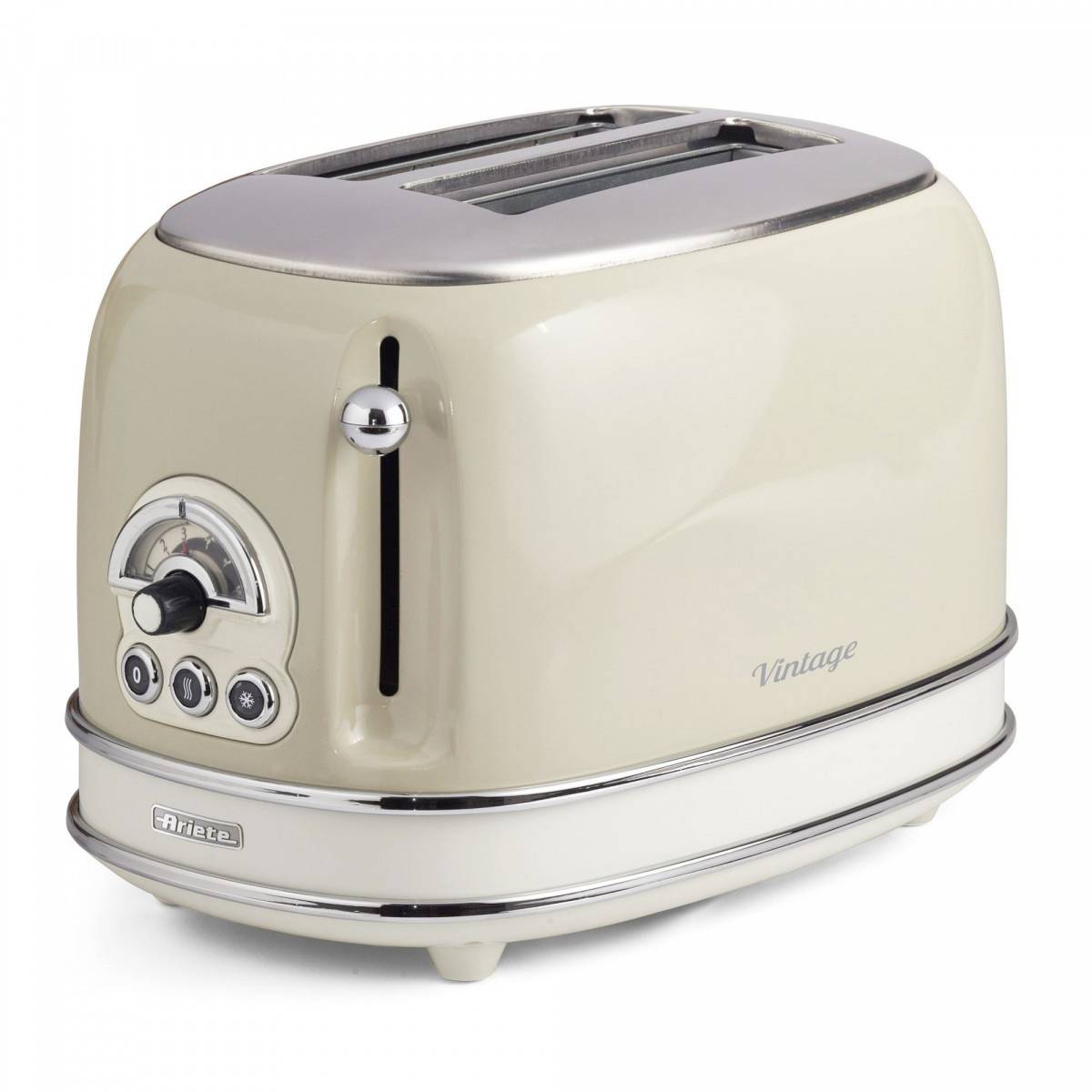 Cream vintage-style two-slice toaster with chrome accents, front control dial and buttons, and a wide bread slot on top.
