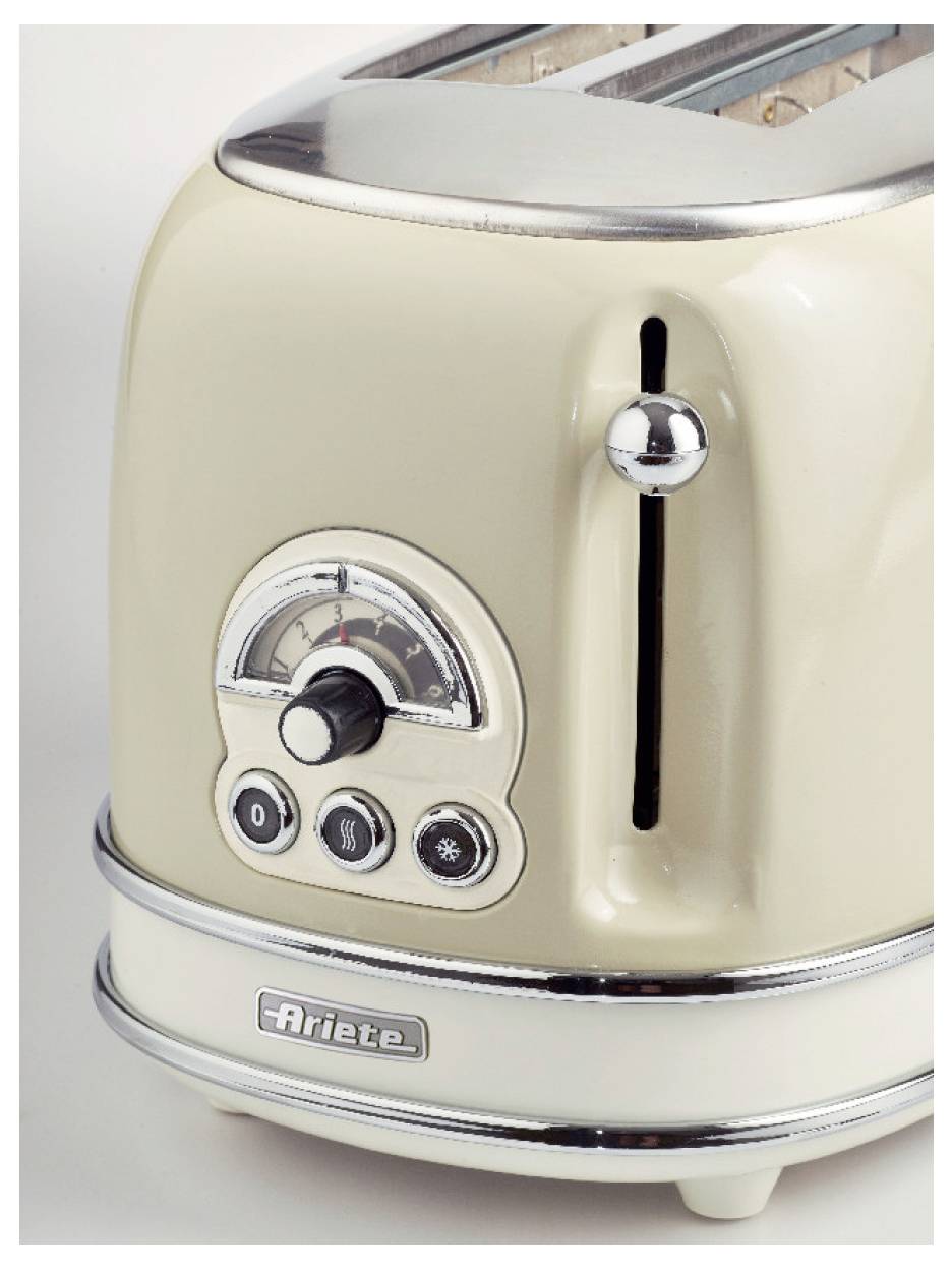 Cream-colored Ariete toaster with two slots, a browning dial, and control buttons on the front, shown in close-up.<br>