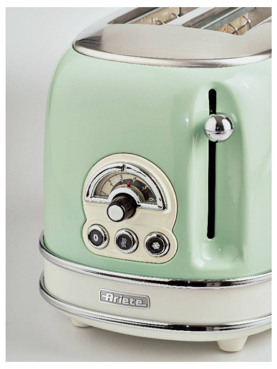 Mint green retro Ariete toaster with chrome accents and control dial, shown in a close-up product photo.