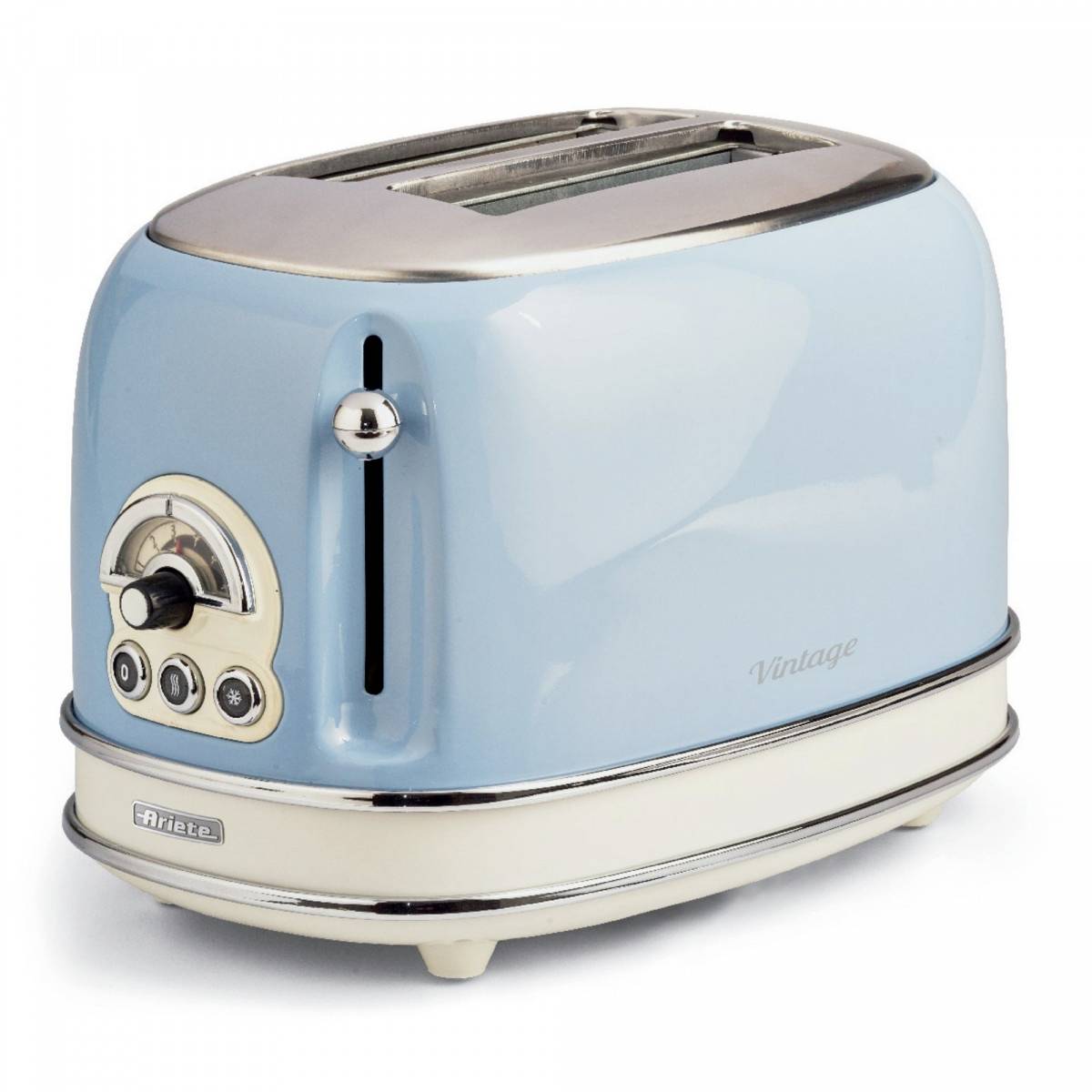 Light blue vintage-style toaster with chrome trim, side lever, browning dial, and two slots on top.<br>