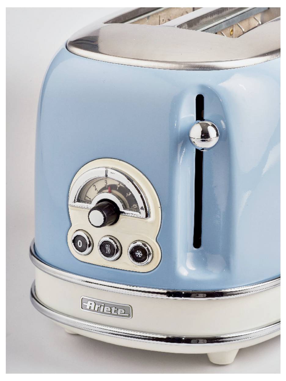 A light blue retro two-slice toaster with chrome trim, shown close-up against a plain background.<br>