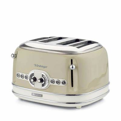 Beige retro four-slice toaster with chrome accents and 'Vintage' label, shown on a white background.