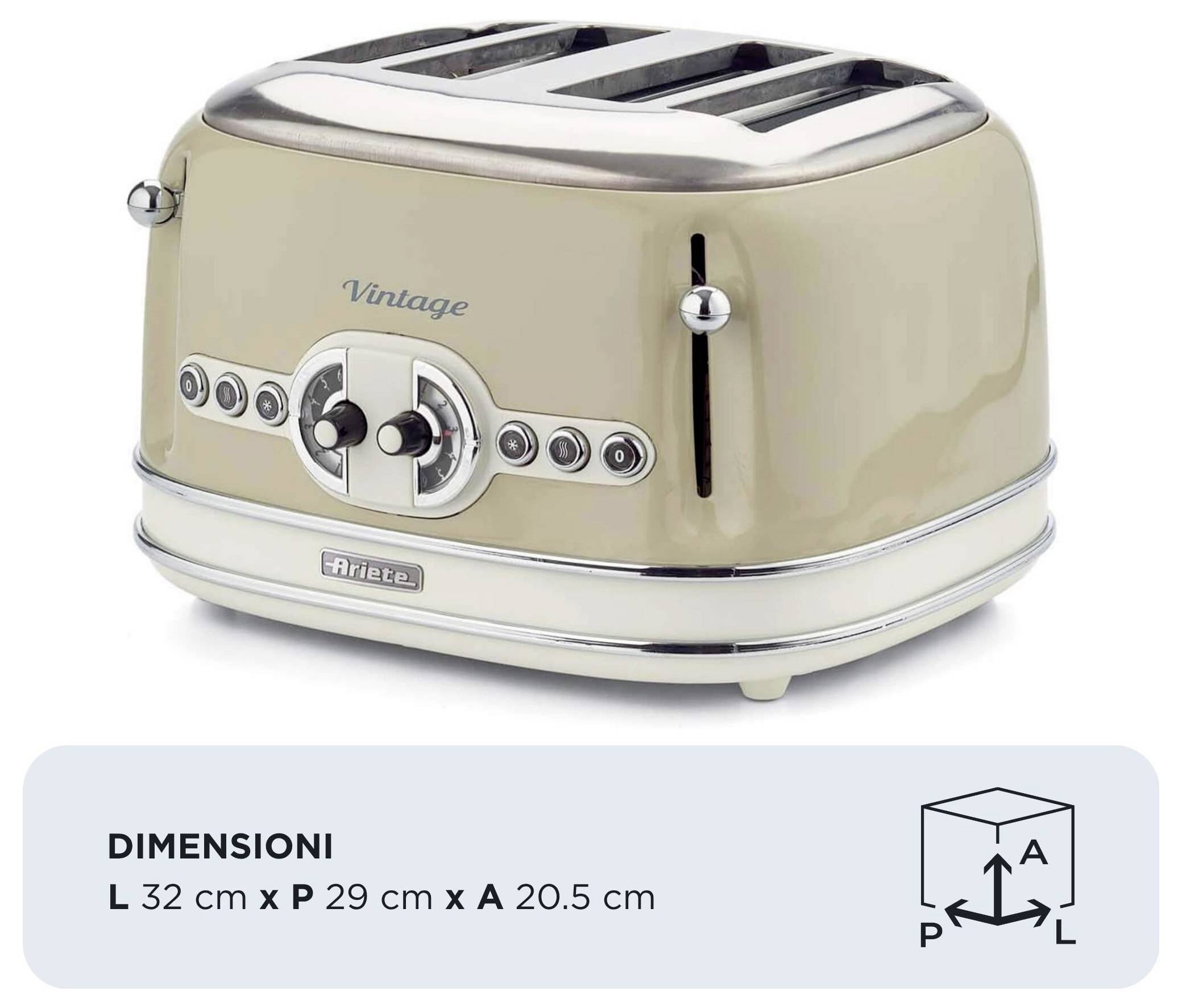 Vintage beige four-slice toaster with chrome accents; dimension label says 'DIMENSIONI L 32 cm x P 29 cm x A 20.5 cm'.