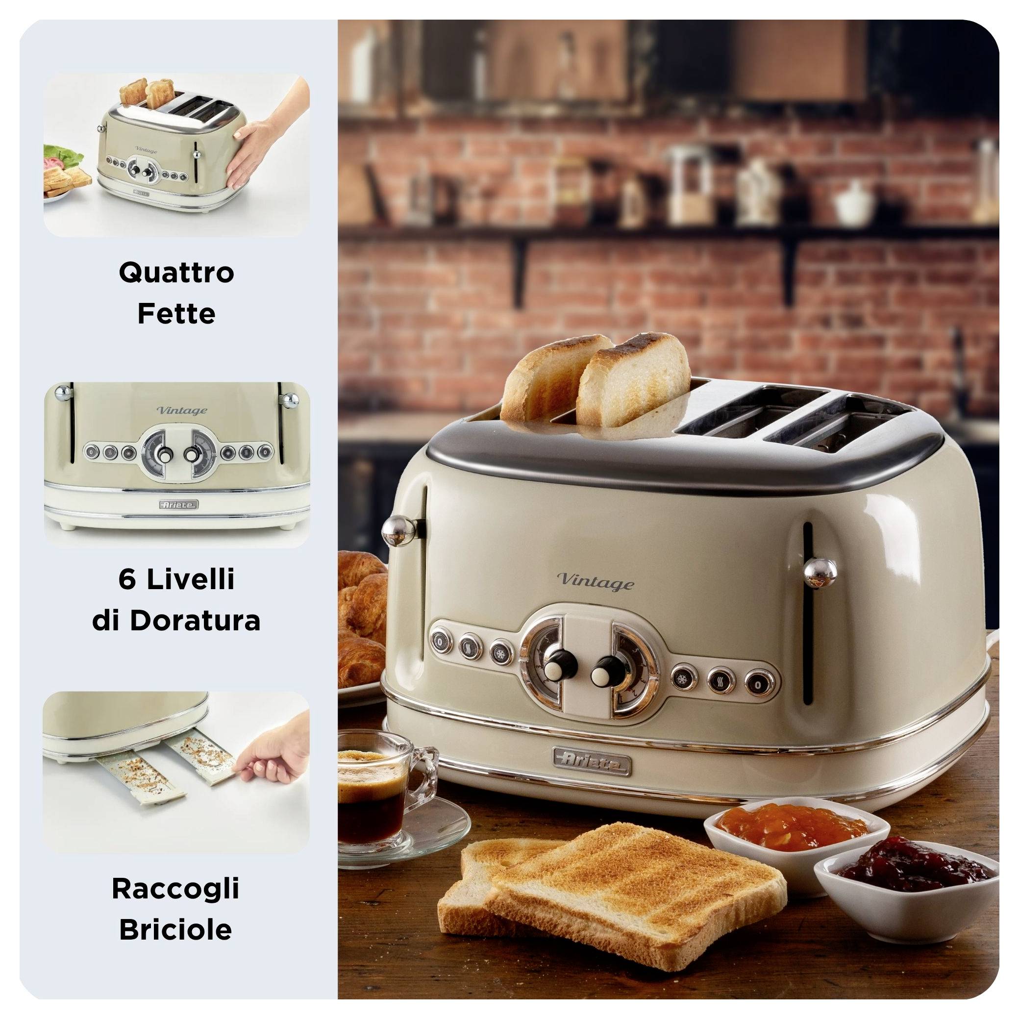 Vintage four-slice toaster with 6 browning levels and crumb tray, shown with toast on a kitchen counter; left panel shows feature callouts in Italian.<br>