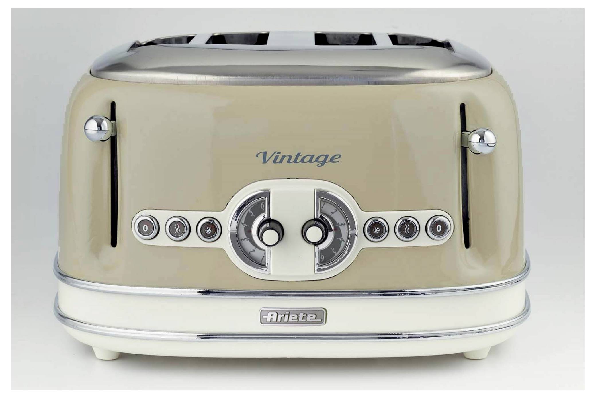 Beige Vintage Ariete toaster with chrome accents and multiple control buttons on a white background.