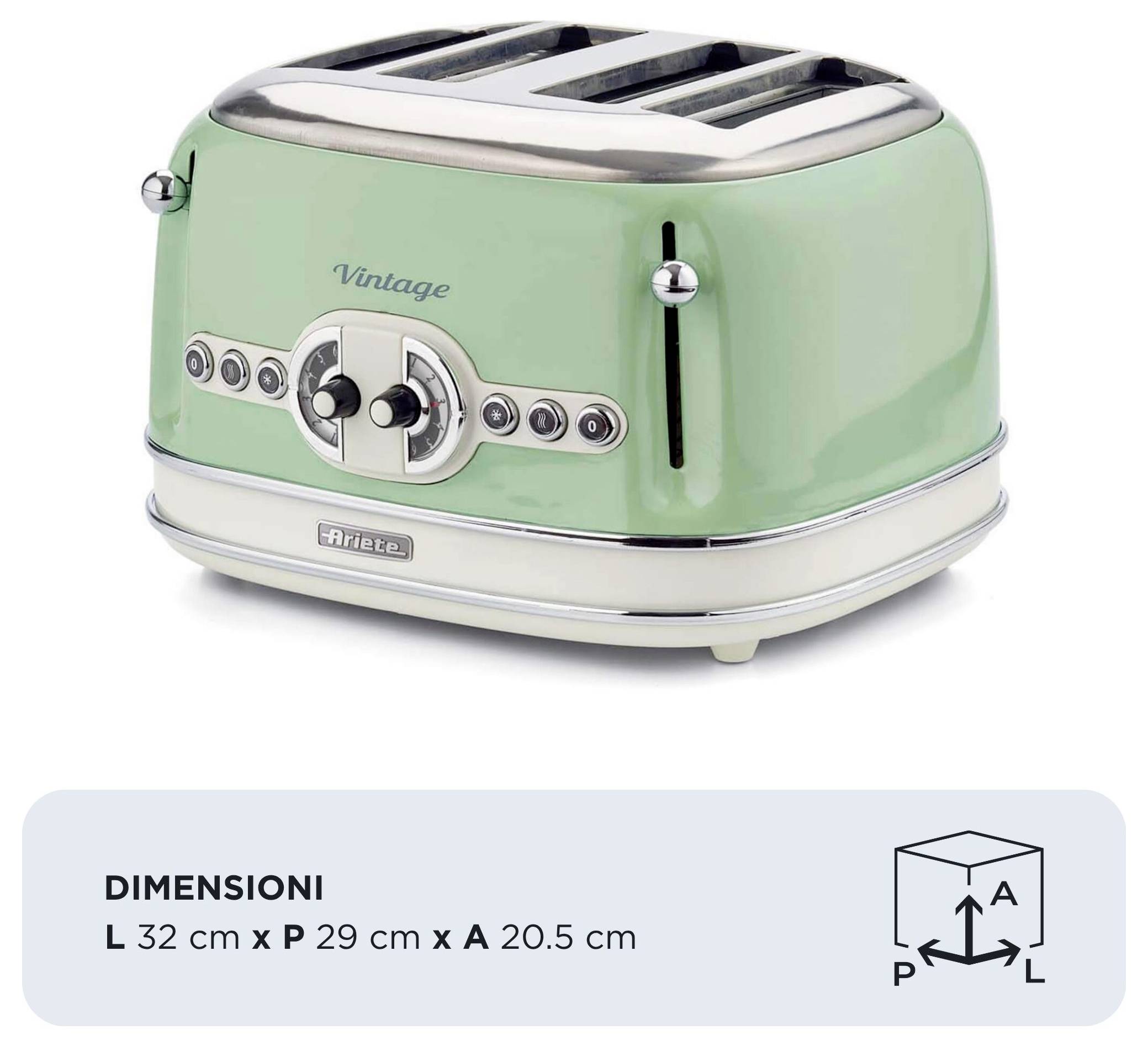 Vintage mint-green toaster with four slots; dimensions shown as L 32 cm x P 29 cm x A 20.5 cm.