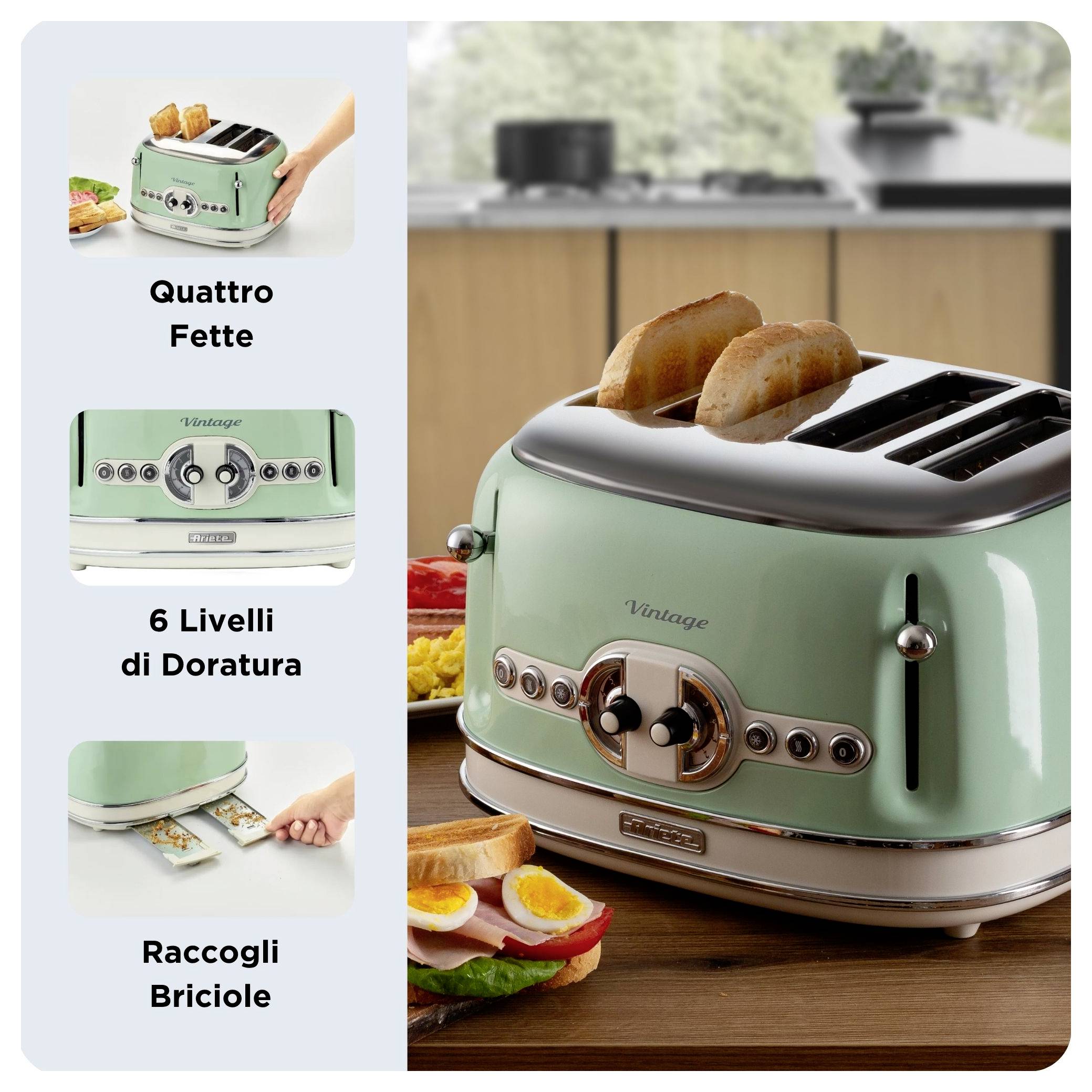 Advertisement for a mint-green 'Vintage' toaster with four slots, six browning levels, and a crumb tray, shown with toast in a kitchen.
