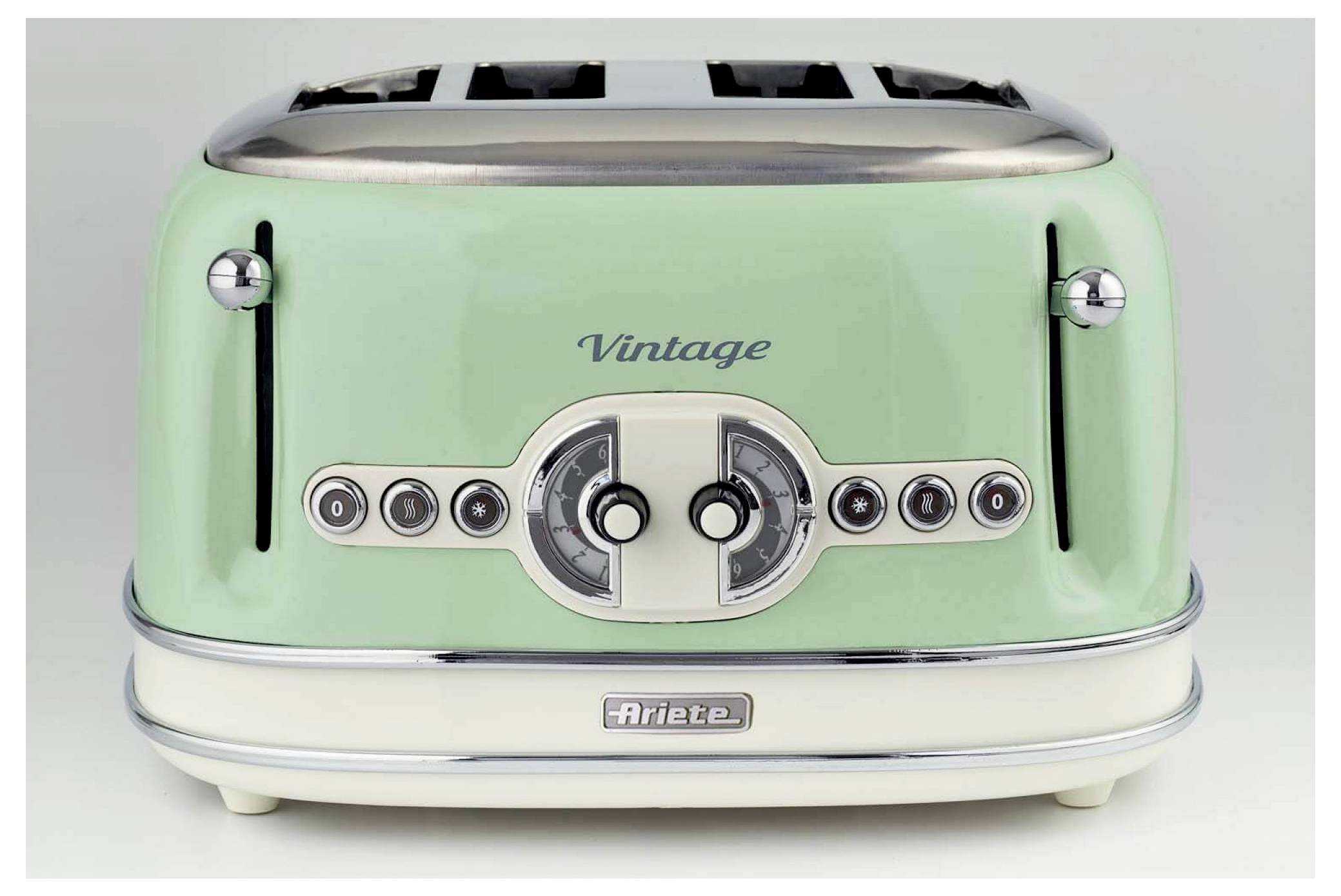 Mint-green retro toaster labeled 'Vintage' and 'Ariete', with two slots and central browning controls on a white background.