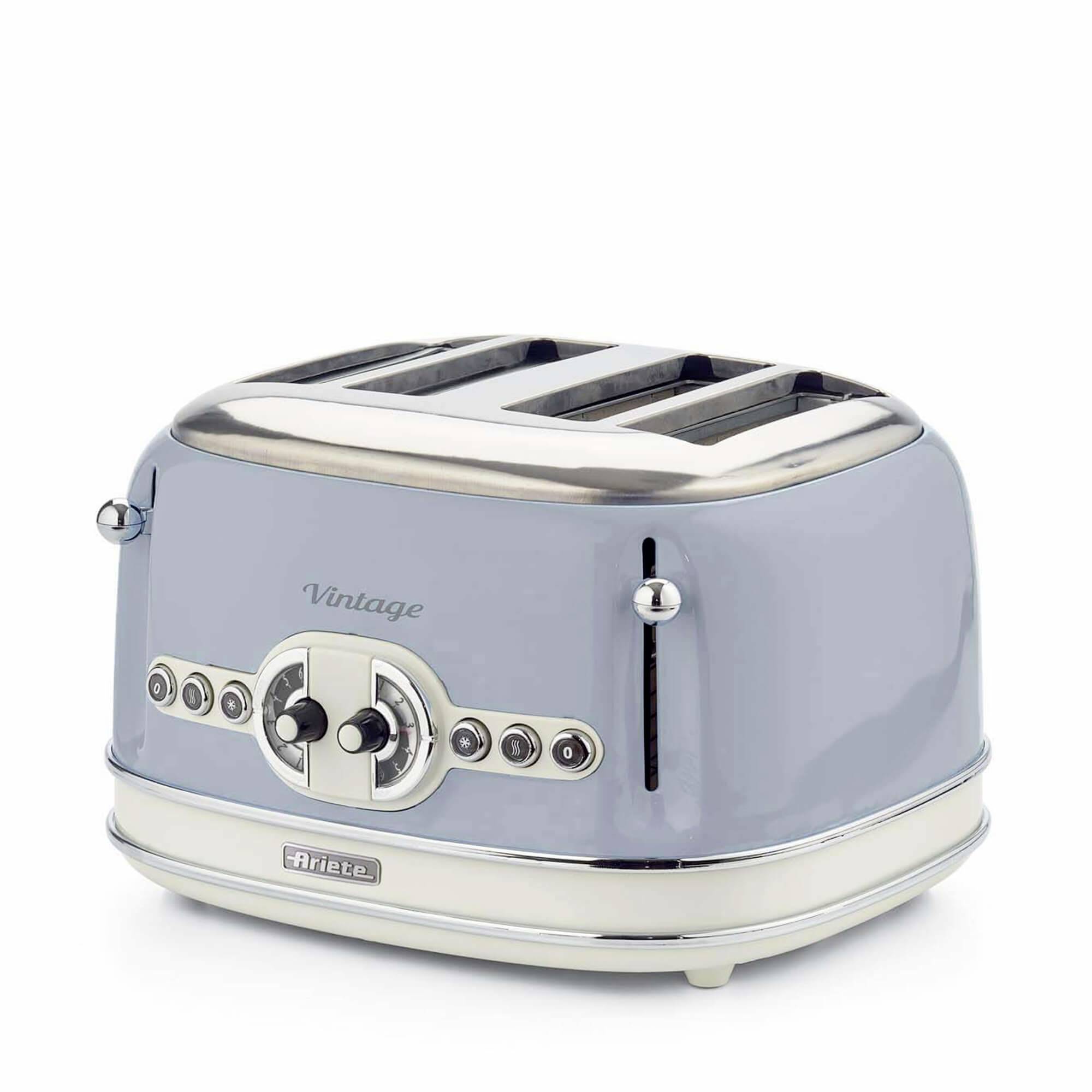 Light blue vintage-style four-slice toaster with chrome accents and control knobs on a white background.