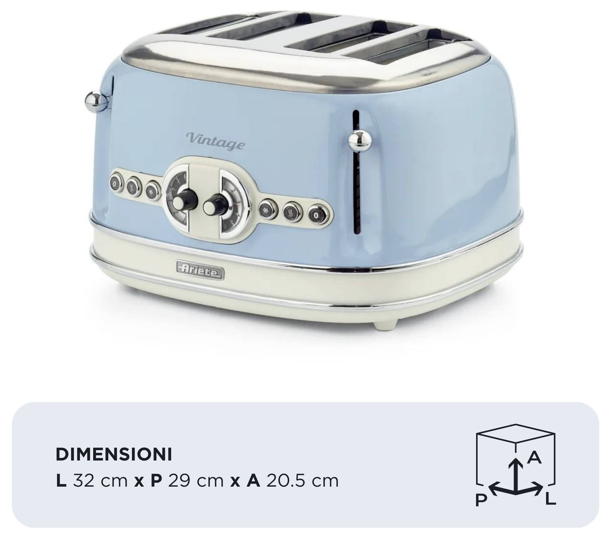 Blue retro-style 2-slice toaster with chrome accents; dimensions shown as L 32 cm x P 29 cm x A 20.5 cm.