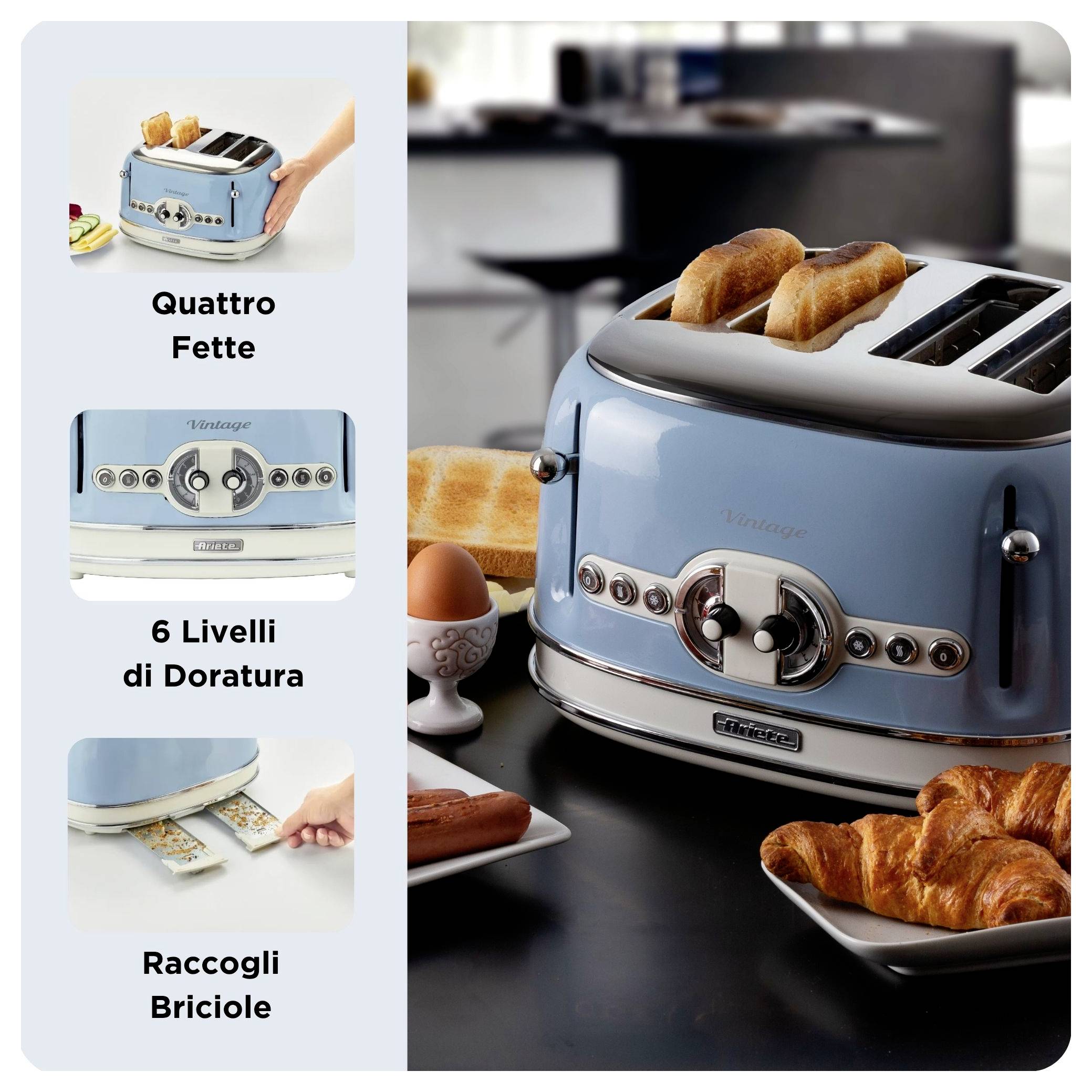Ad for a blue vintage-style toaster with four slices, 6 browning levels, and a crumb tray; shown with toast, eggs, and croissants.