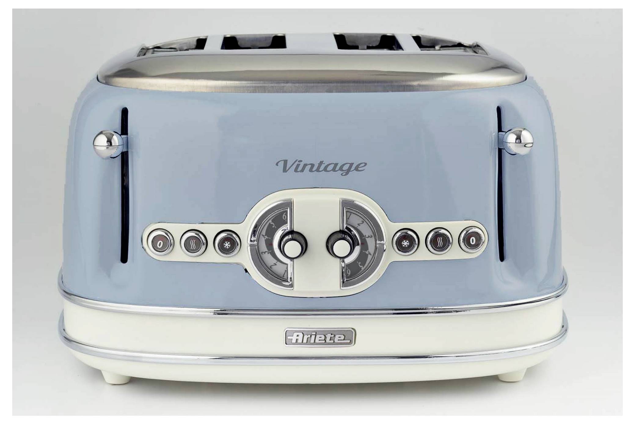 Light blue vintage Ariete toaster with chrome accents and four slice slots, shown front view on a plain white background.
