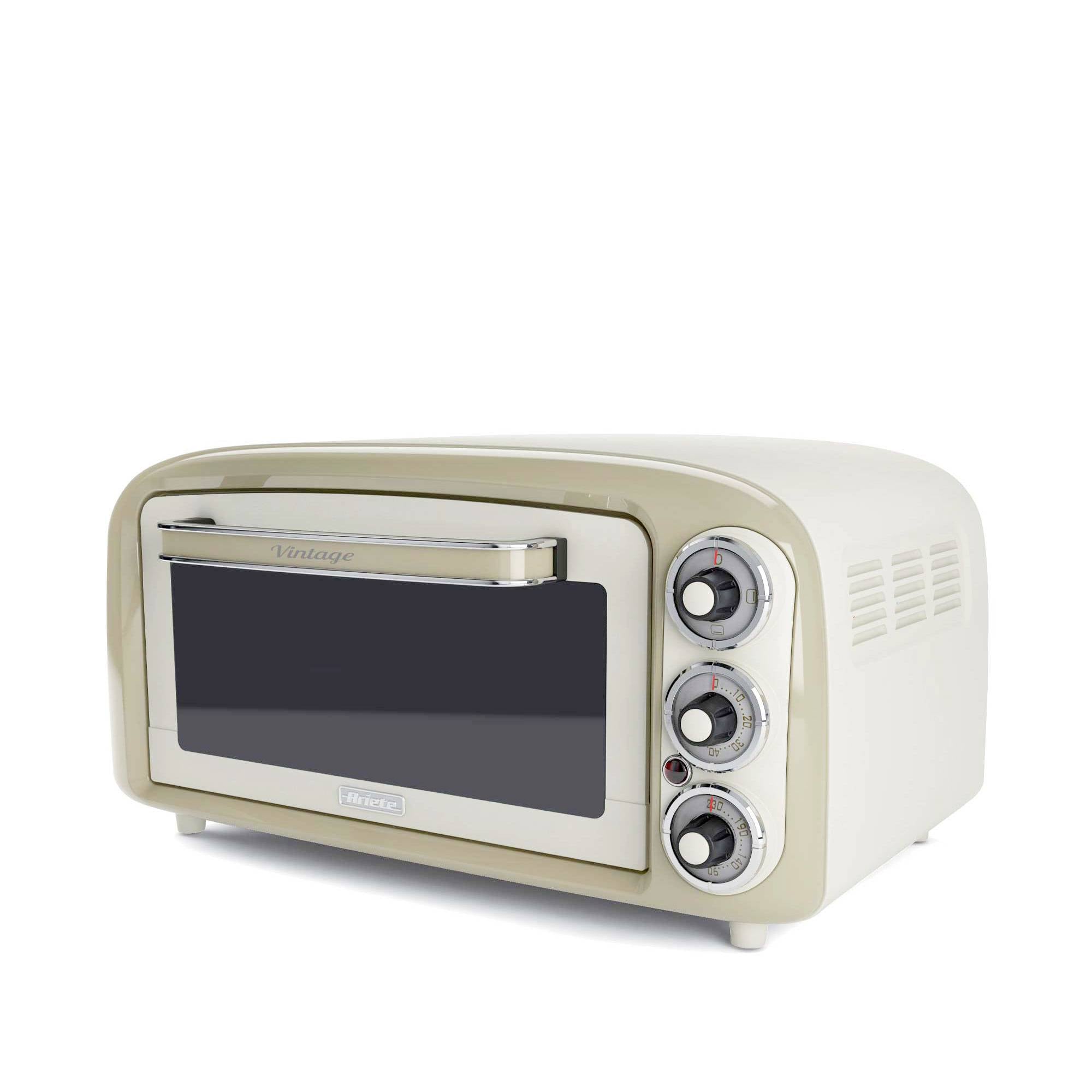 Vintage-style beige countertop toaster oven with three control dials and a front viewing window on a white background