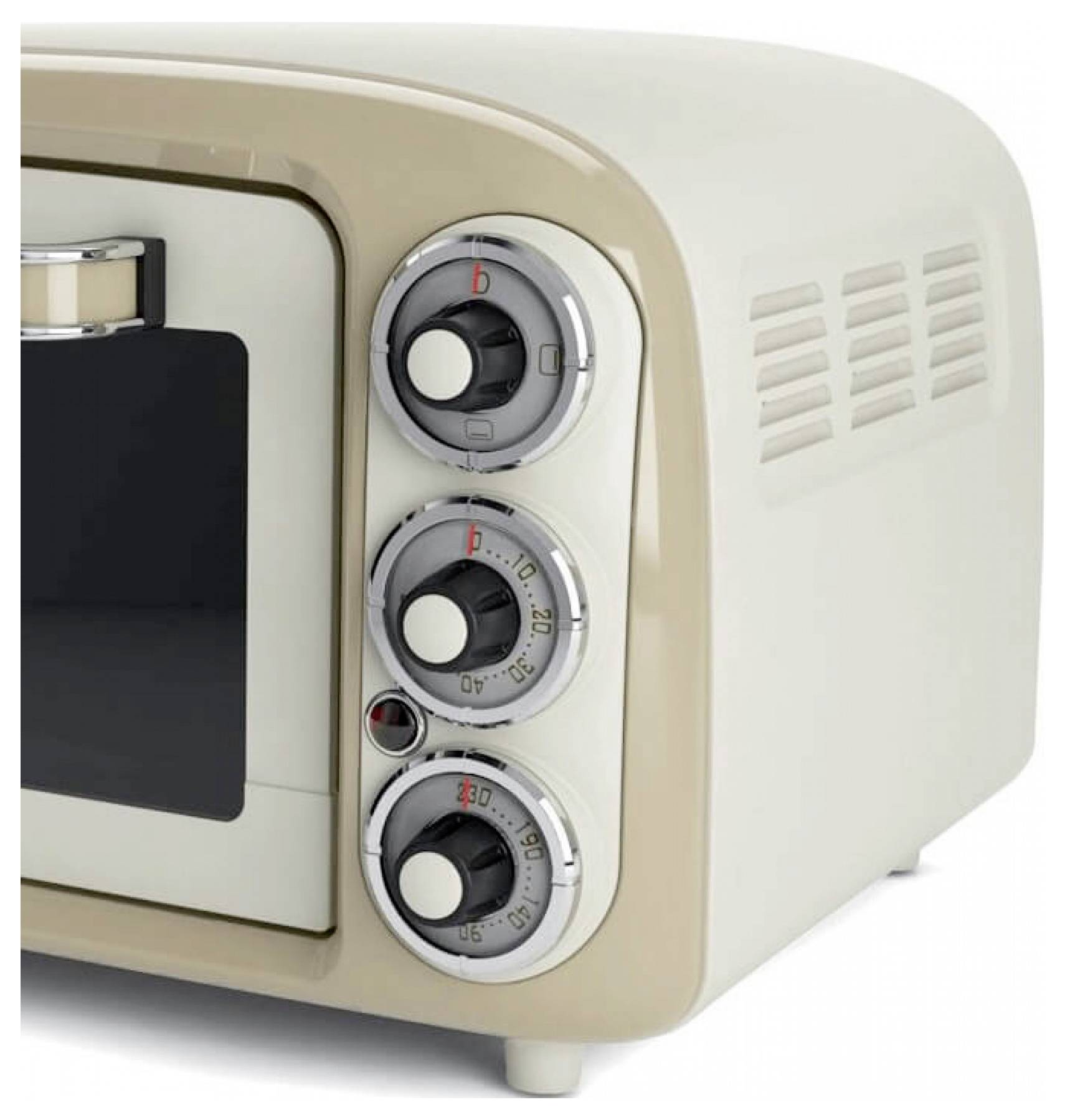 Vintage cream microwave oven with three round manual dials and a dark glass door on the left.