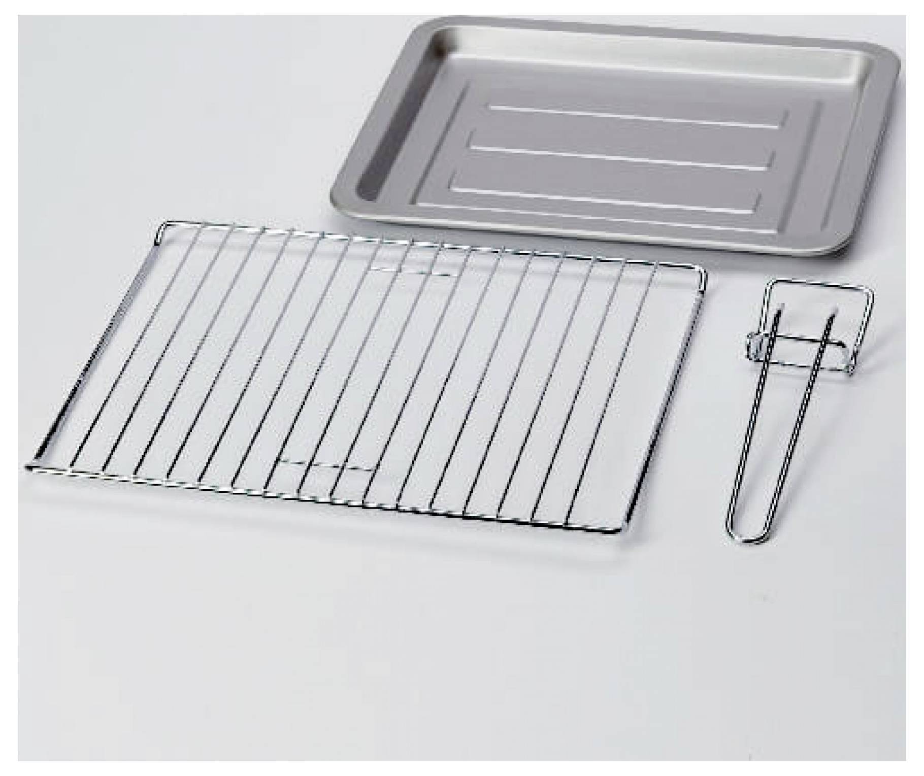 Wire rack, shallow baking tray, and detachable handle for oven cooking and cooling.<br>
