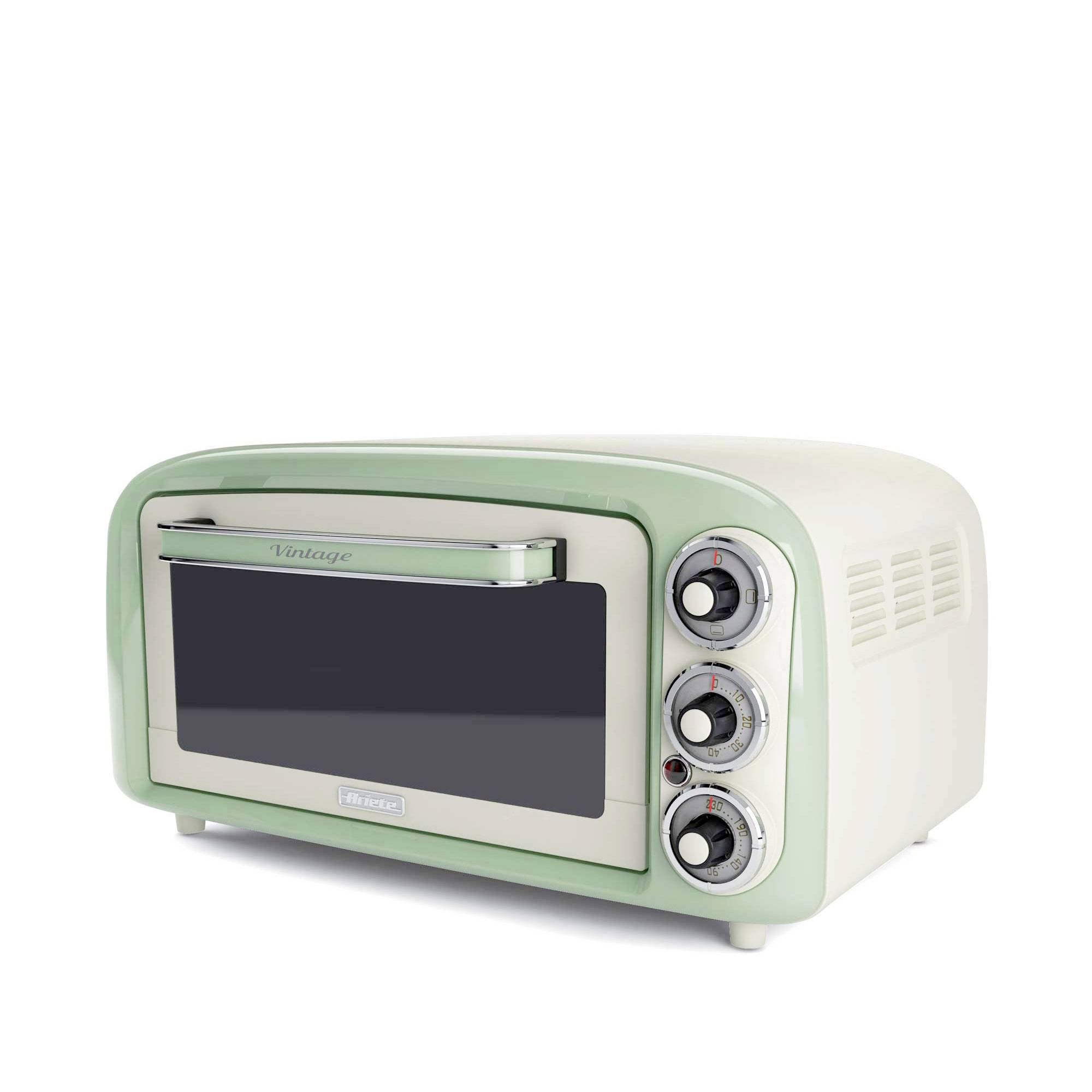 A retro mint-green countertop toaster oven with three round control knobs and a dark glass door on a white background.