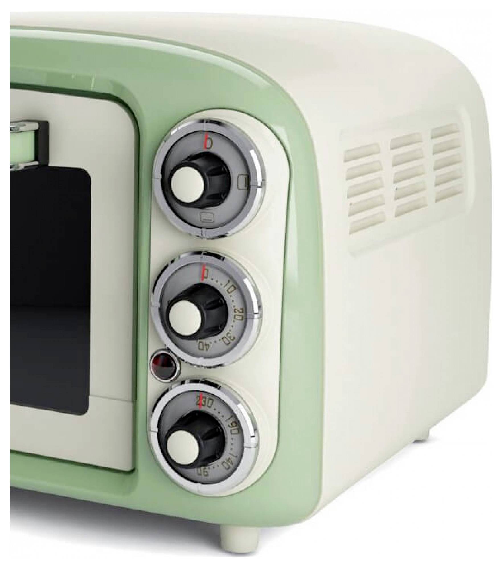 Retro mint-green countertop toaster oven with three front control dials and a glass door.