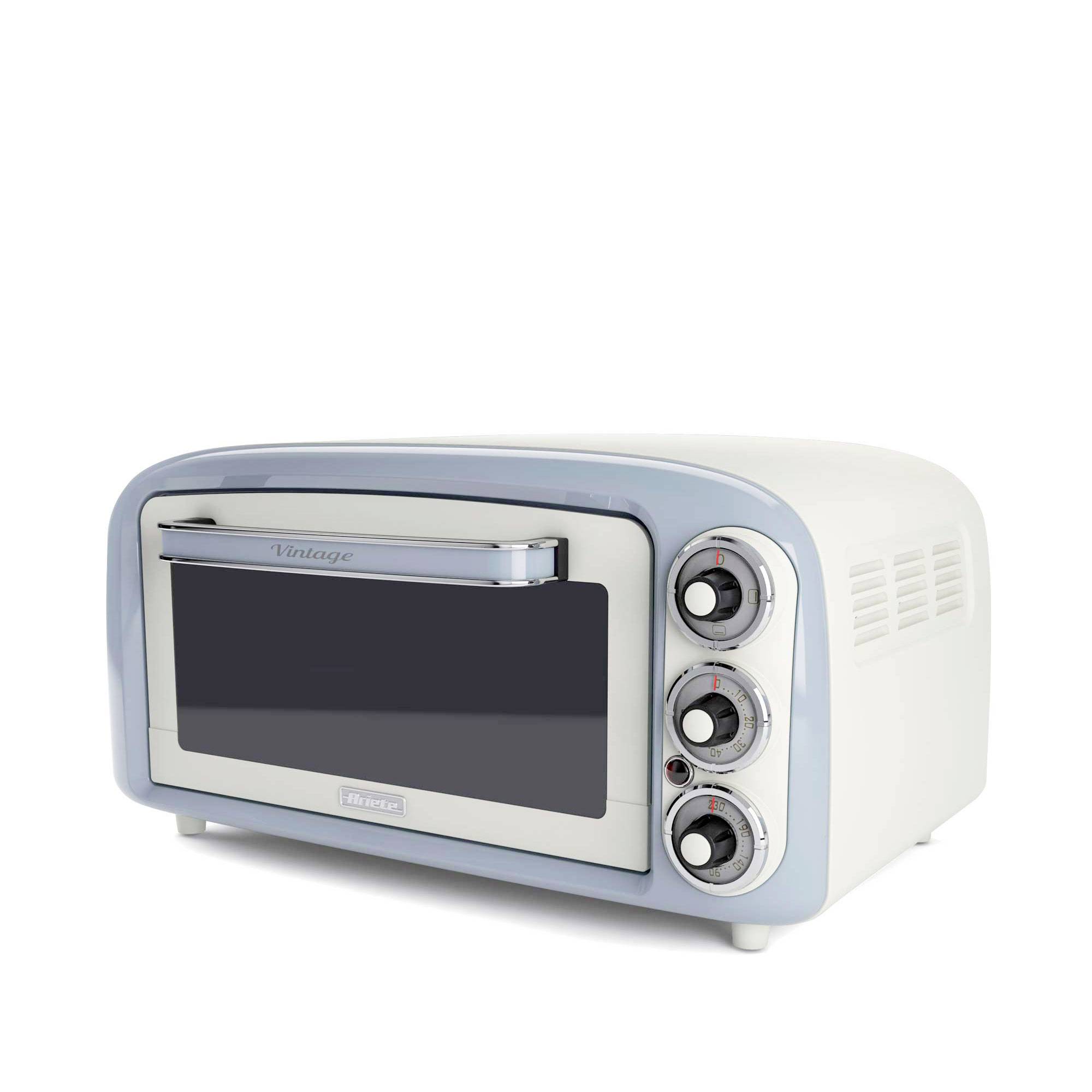 Retro white countertop toaster oven with blue trim, front glass door, and three control dials on the right.