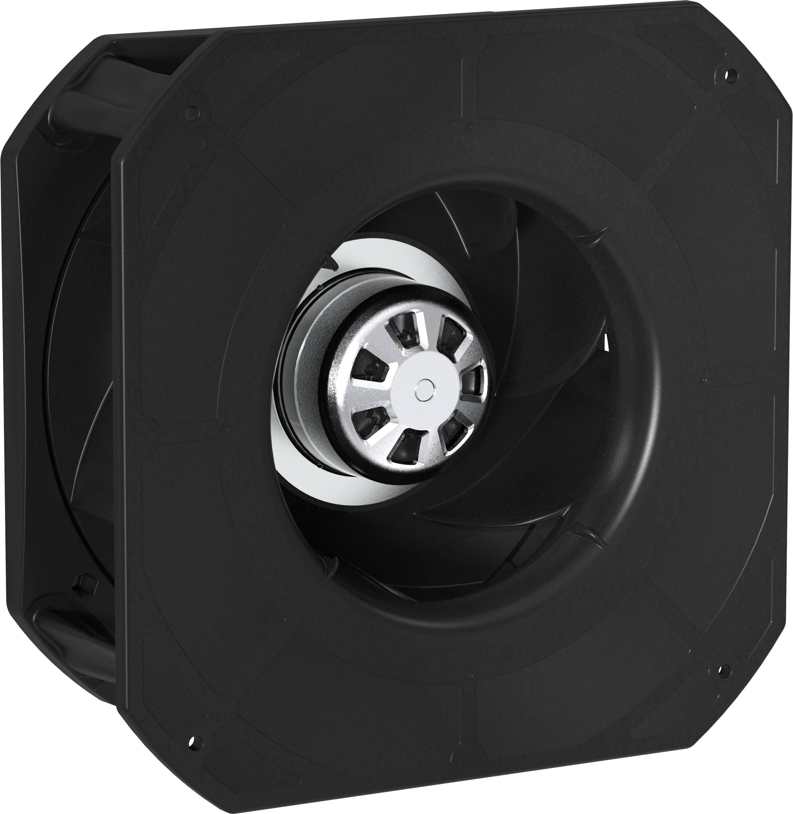 Black centrifugal fan blower housing with visible central impeller<br>