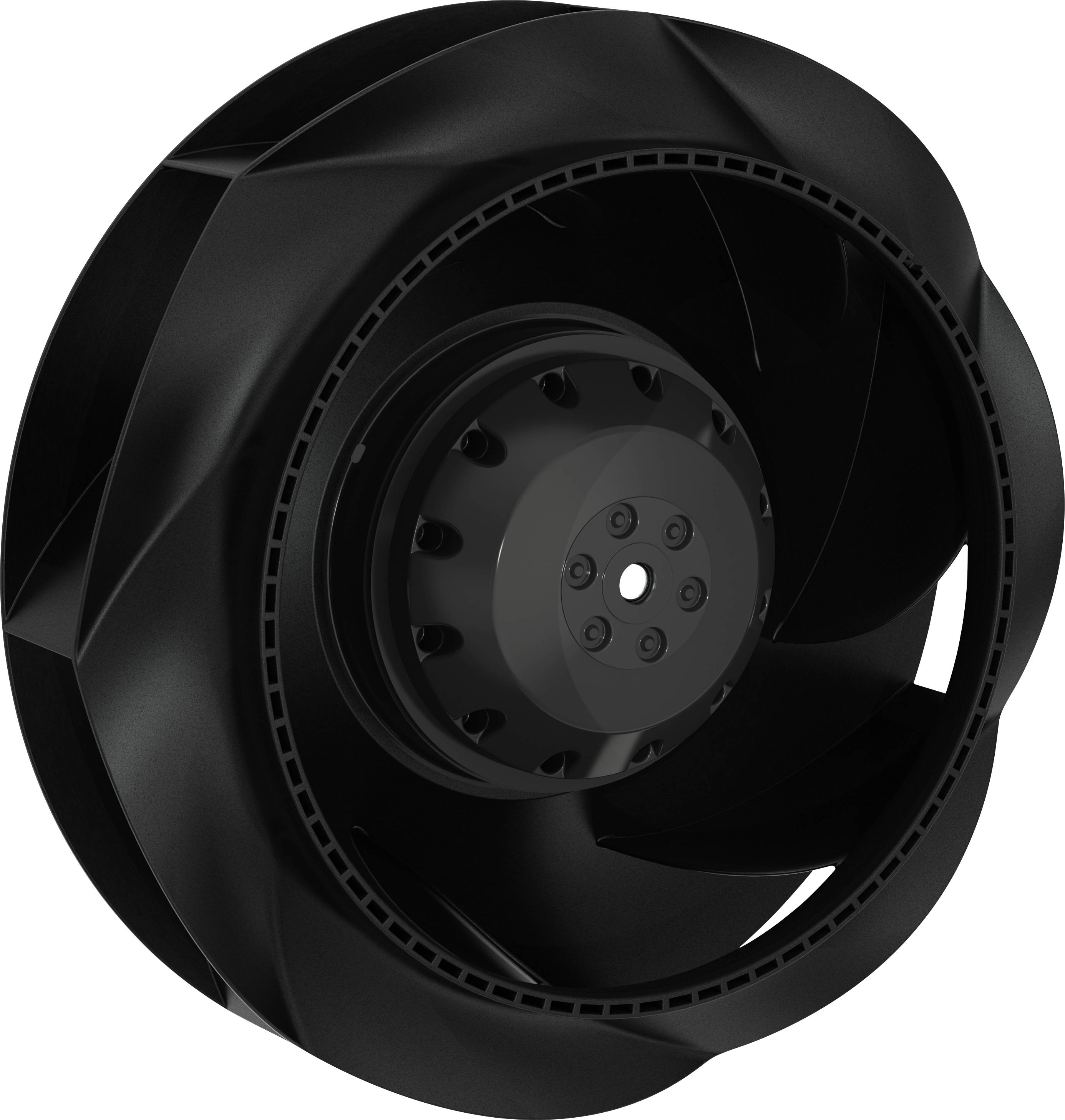 Black centrifugal fan impeller/blower wheel shown in close-up on a white background.
