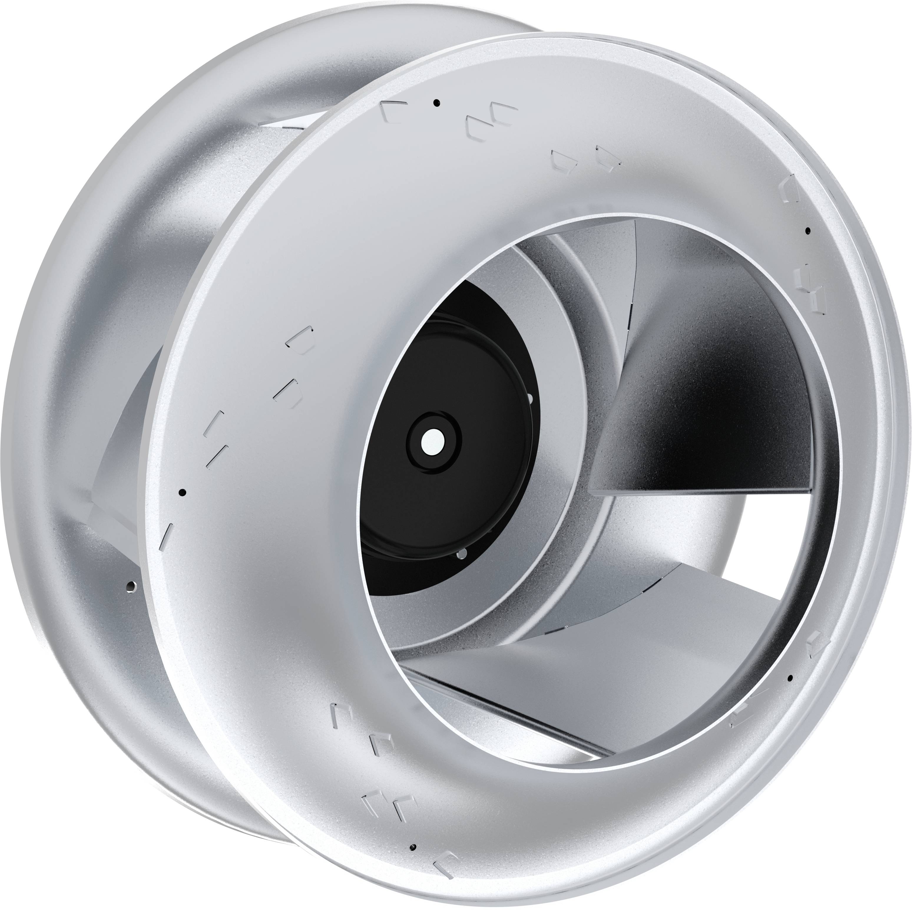 Close-up of a silver circular metal ventilation fan or turbine blade assembly on a white background.