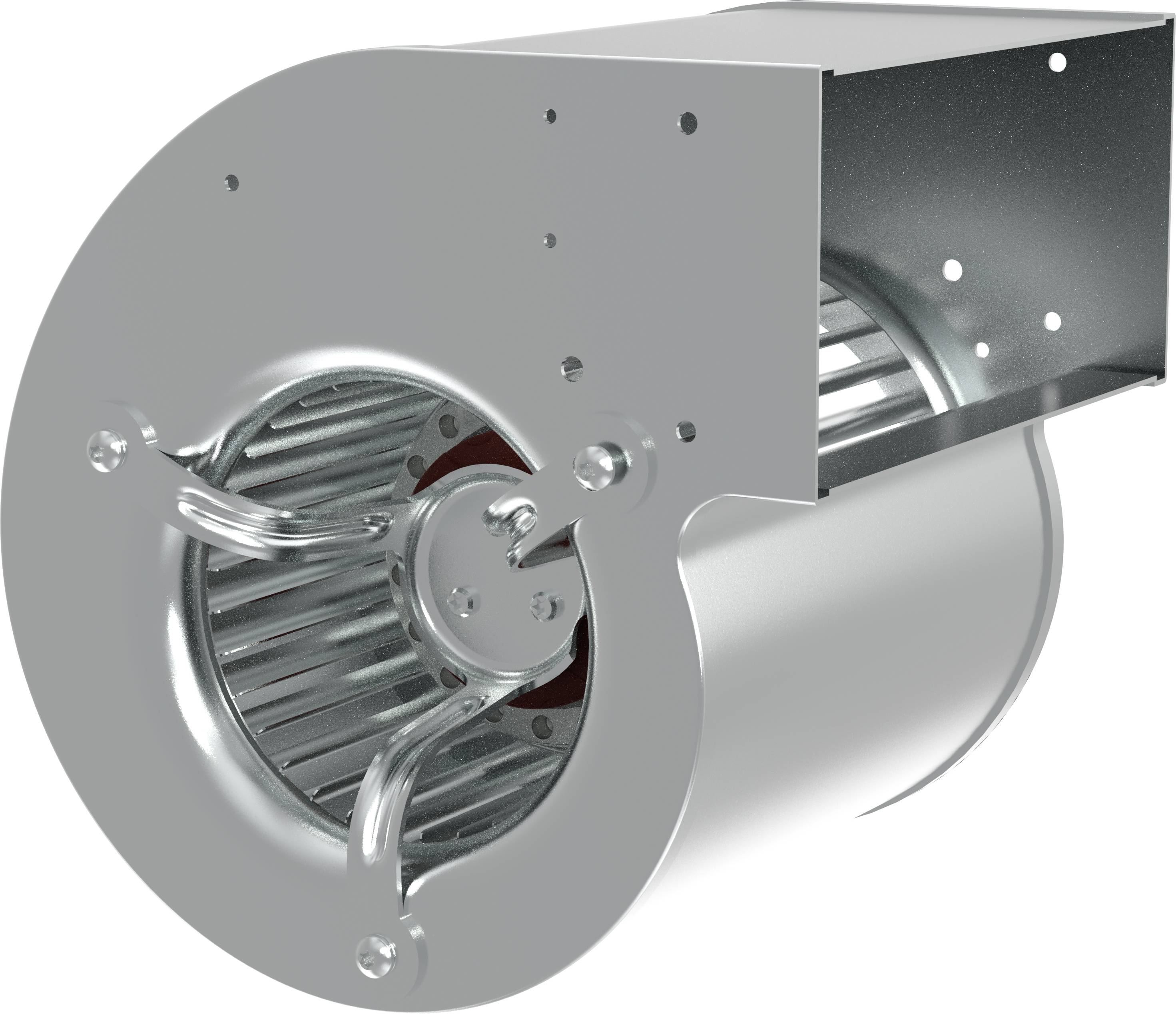 Industrial centrifugal blower fan housing with visible impeller blades and metal mounting bracket, shown in a product-style cutaway view.<br>