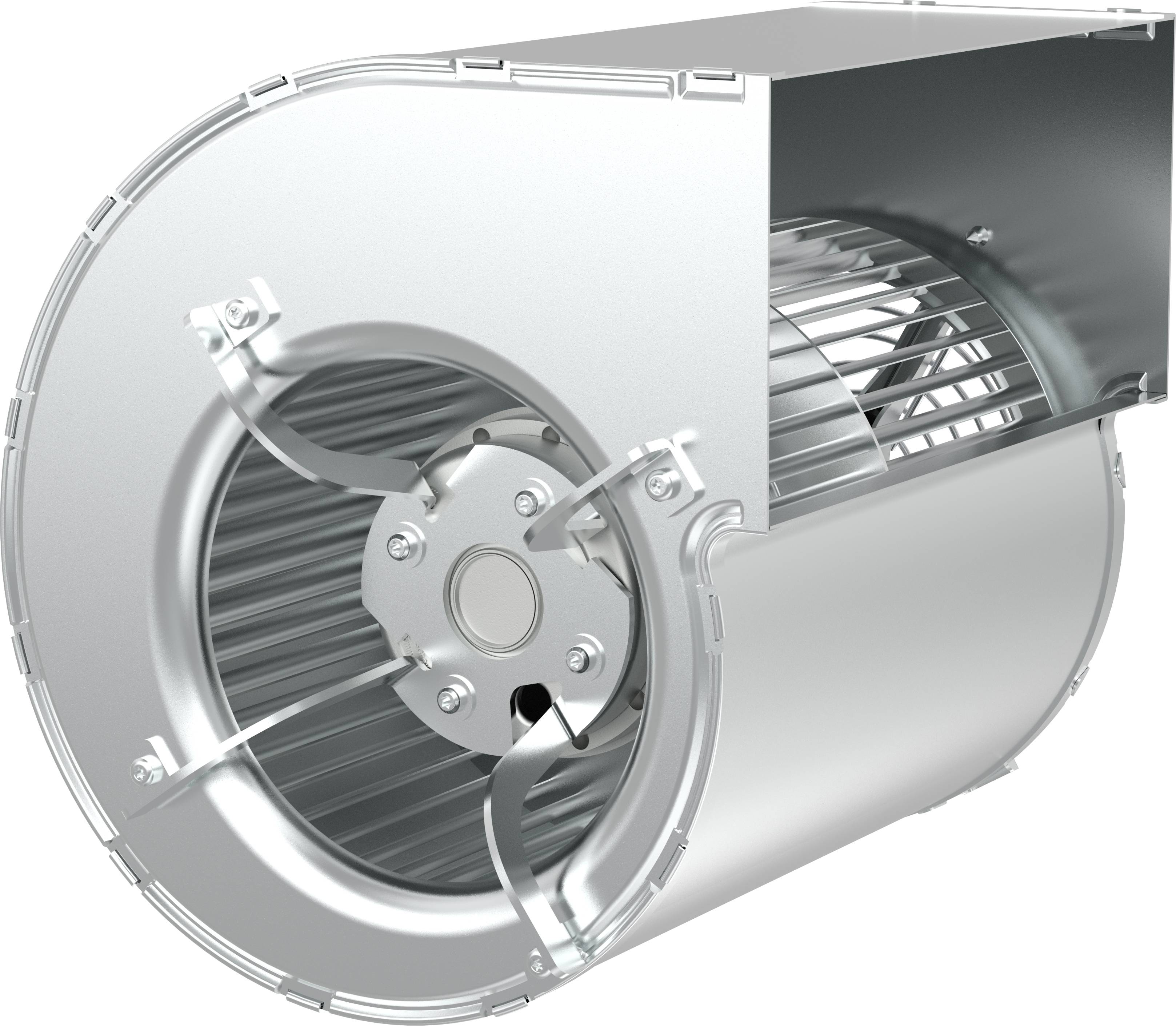 Cutaway of a cylindrical HVAC blower fan with metal housing and visible internal impeller blades.