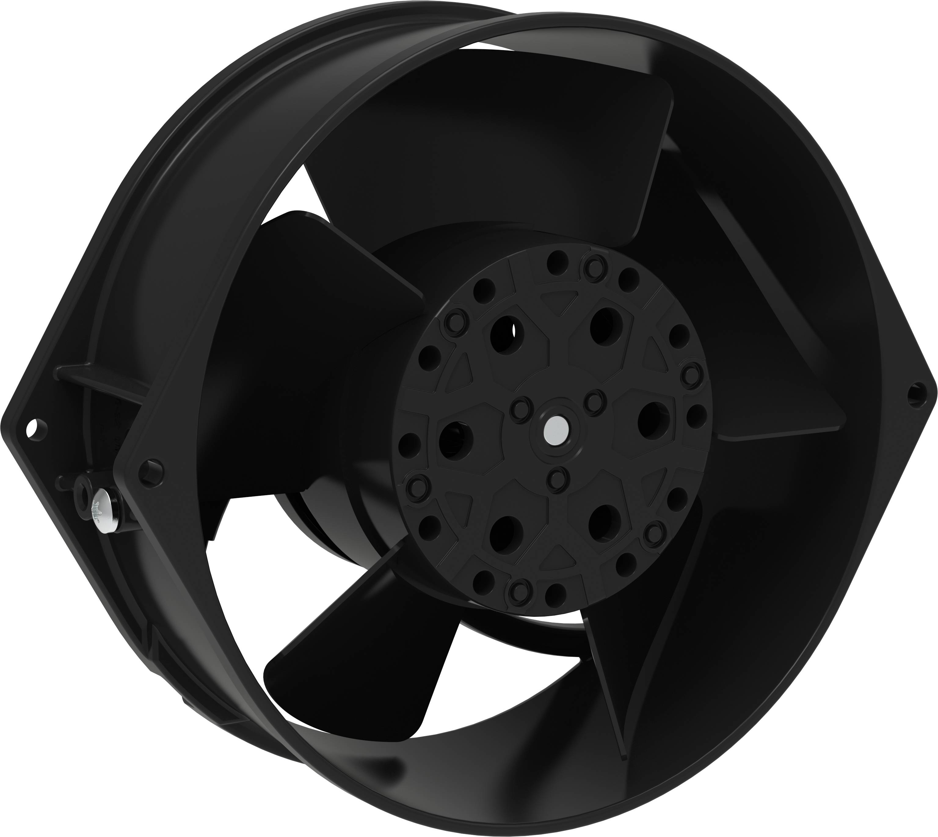 Black axial cooling fan or blower with circular housing and central motor hub, shown on a white background.
