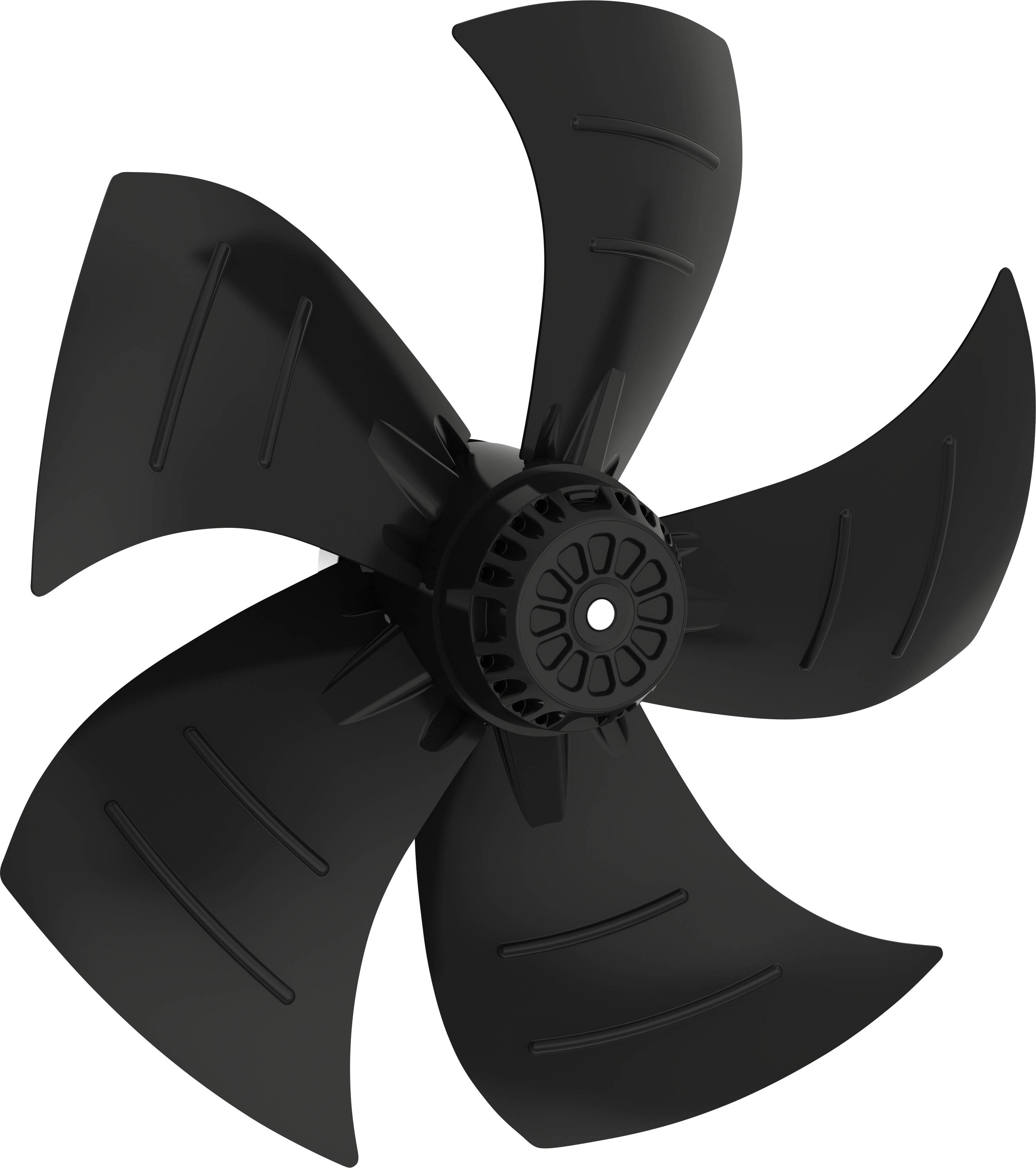 Black five-blade fan or propeller viewed from the front on a white background.