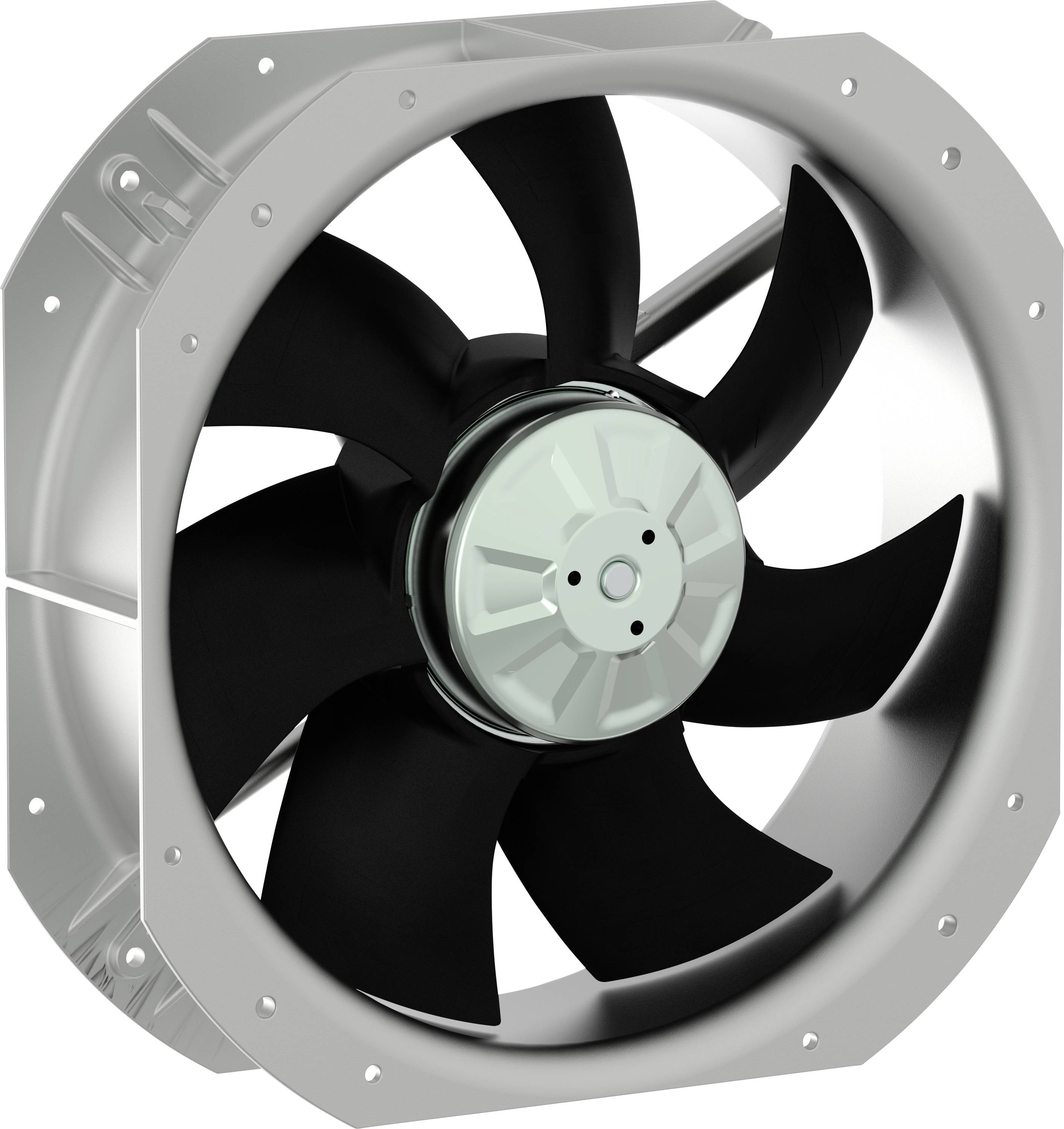 Large industrial axial fan with black blades in a metal housing, shown front view on a white background.