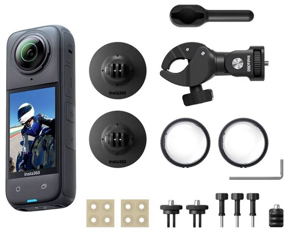 Insta360 action camera with mounting accessories, including clamps, rings, screws, adhesive pads, and an Allen key, shown on a white background.