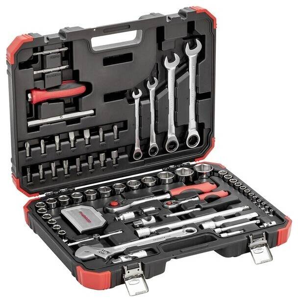 Open mechanic’s tool kit with sockets, wrenches, screwdrivers, and bits organized in a red-and-black carrying case.<br>