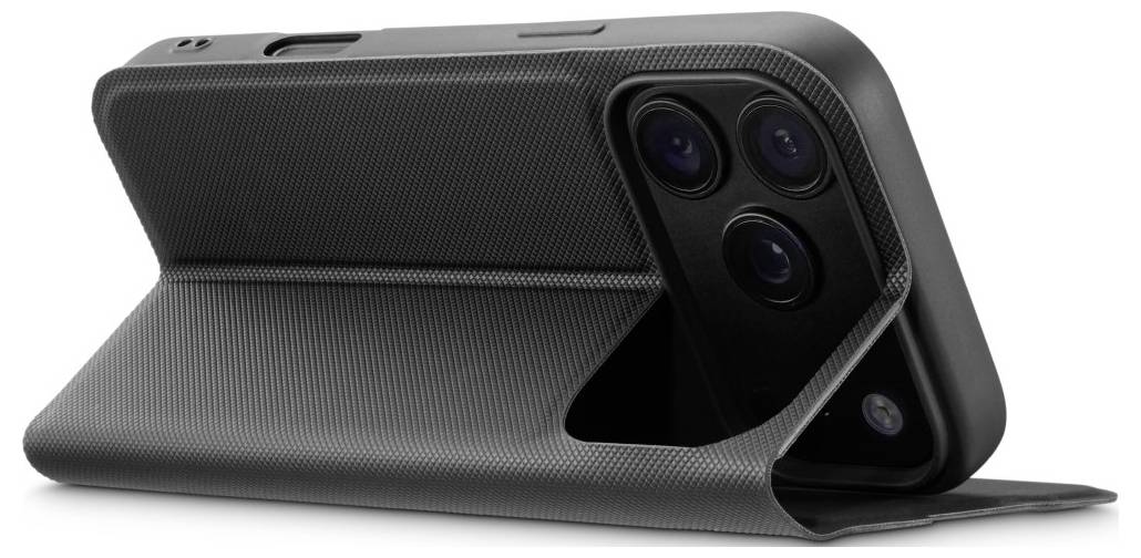 Black foldable phone case in kickstand mode, showing the back camera lenses and textured protective cover.