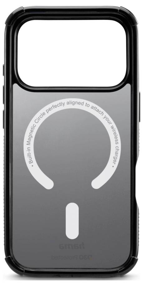 Black phone case with a MagSafe-style charging alignment graphic and text saying 'Built in Magnetic Circle perfectly aligned to attach your wireless charger.'