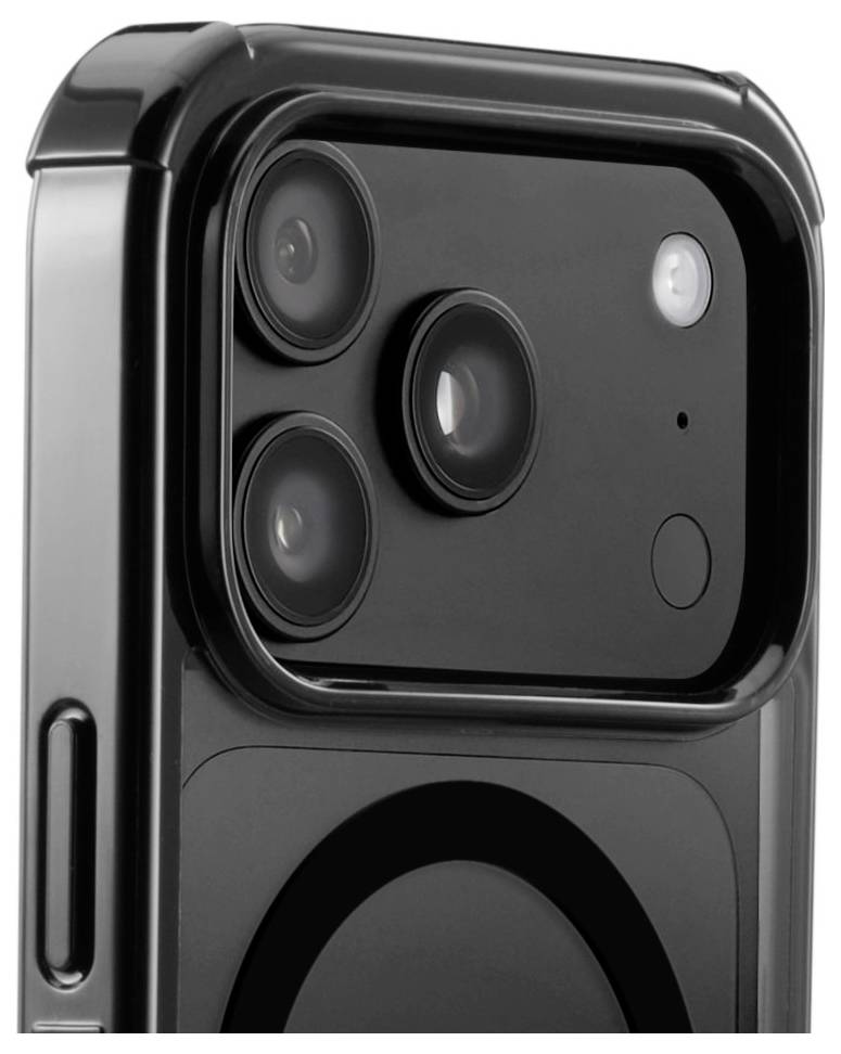 Close-up of a black smartphone's rear camera module with three lenses, flash, and a sensor, shown on a white background.