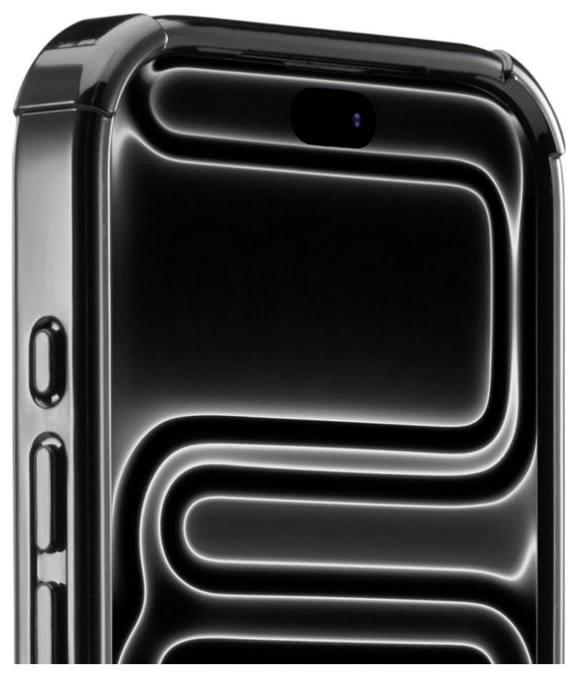 Close-up of a black smartphone back with glowing neon-style curved lines and a small rear camera on a white background.