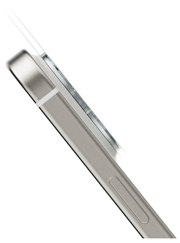 Close-up side view of a silver smartphone with a thin profile and visible side button on a white background.