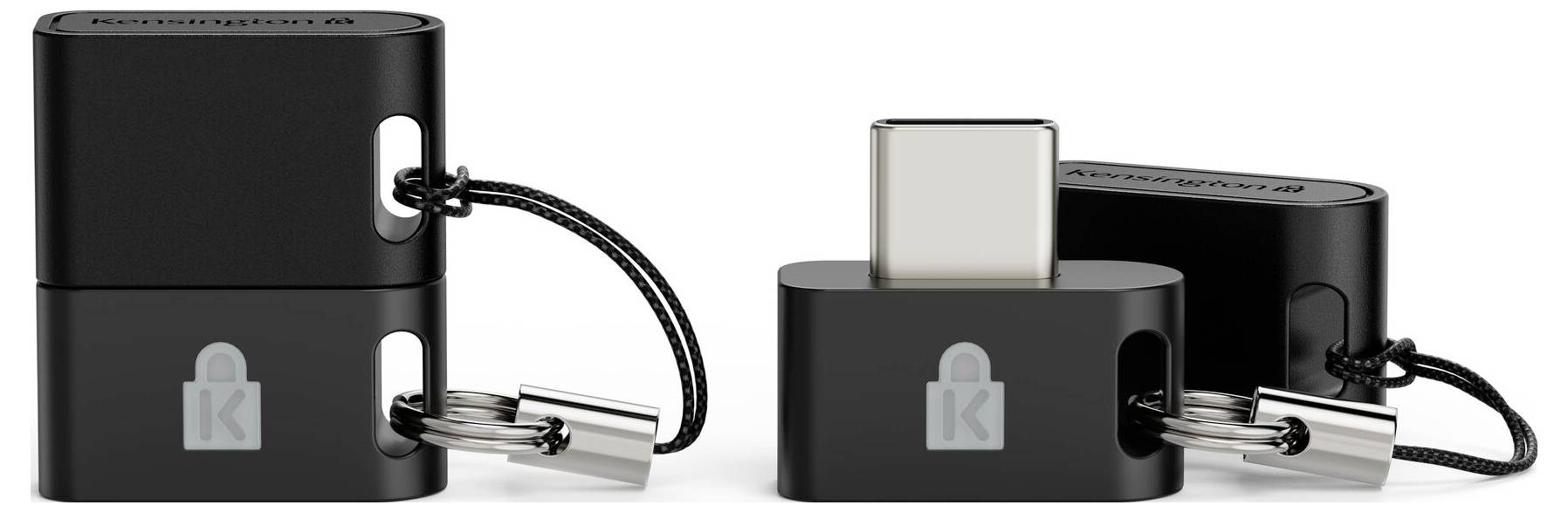 Two black Kensington USB-C locks shown in different configurations, with cable loops and silver lock heads attached to a laptop port.