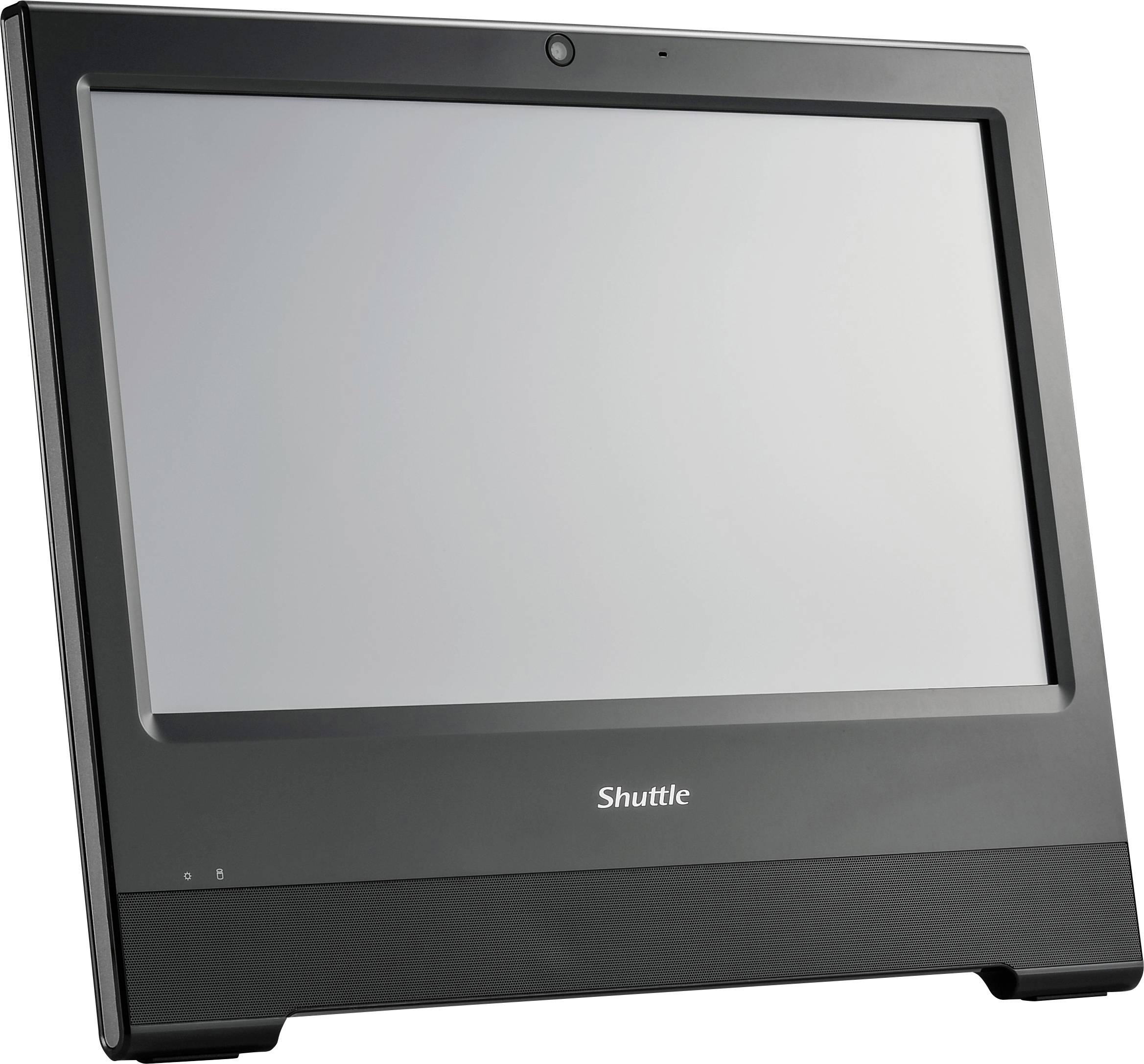 A black Shuttle all-in-one desktop computer with a blank screen, shown at an angle on a white background.