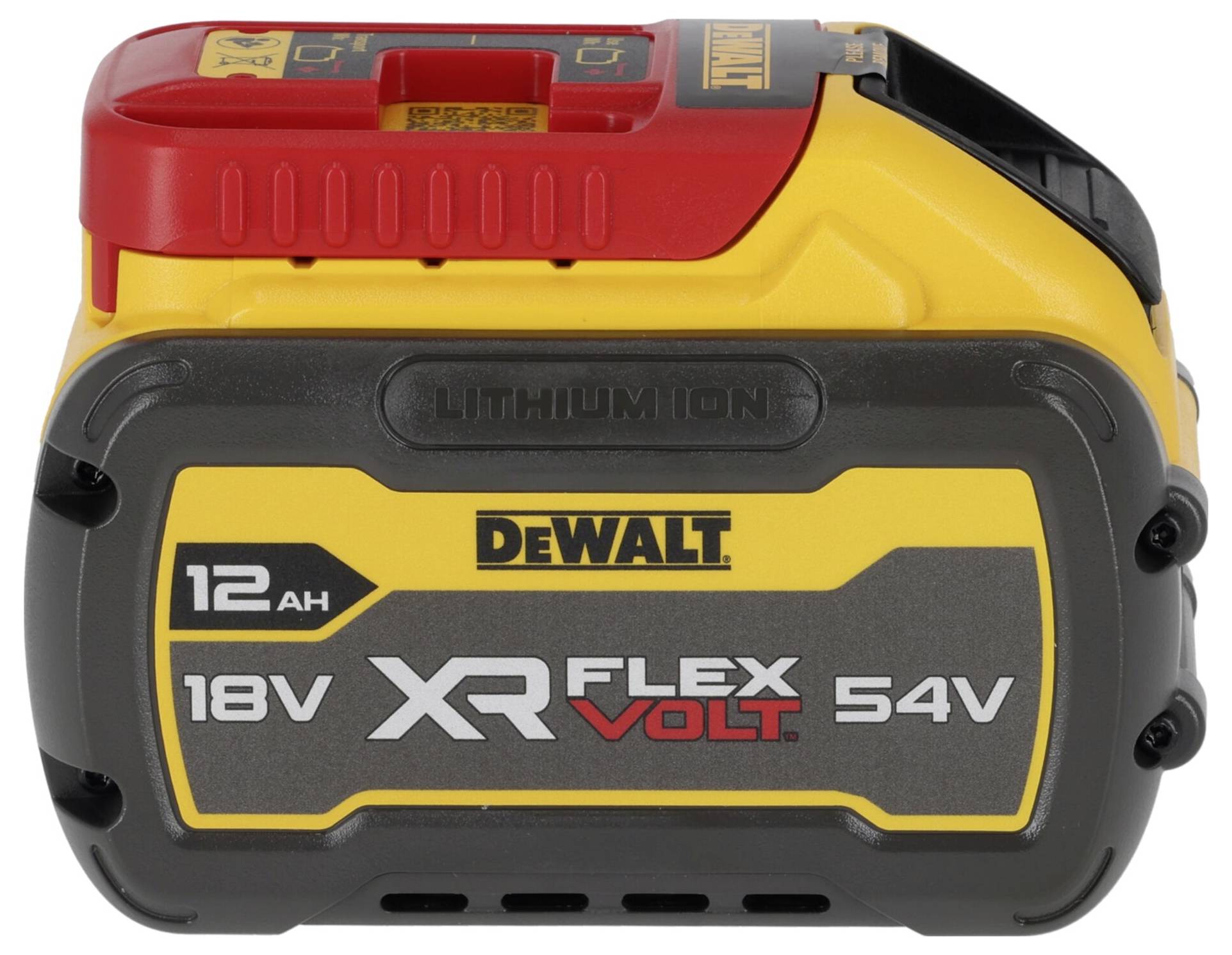 DeWalt FLEXVOLT lithium-ion battery pack labeled 12 Ah, 18V XR, and 54V.<br>