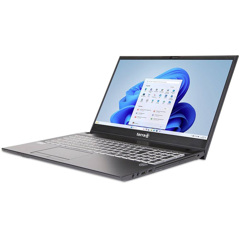 Silver laptop open on a white background, showing the Windows 11 desktop and Start menu on screen.