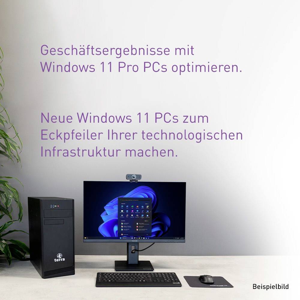 German ad showing a desktop PC setup with monitor, keyboard and mouse; text says optimize business results with Windows 11 Pro PCs and make new Windows 11 PCs your technology backbone.