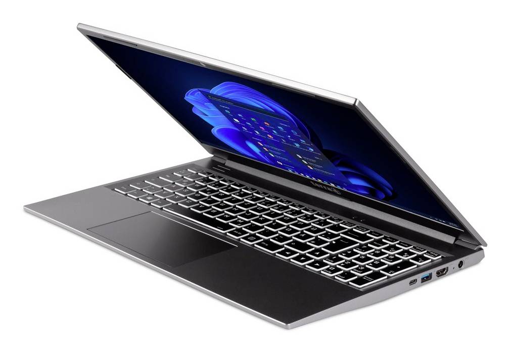 Partially open silver laptop with illuminated screen displaying a blue abstract graphic on a white background.