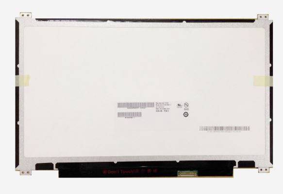 Back view of a laptop LCD screen panel with metal frame, ribbon connector at the bottom, and barcode labels on the back<br>