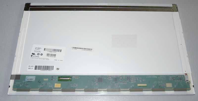 Back of a flat LCD screen or panel, showing a white metal rear cover and a green circuit board along the bottom edge.